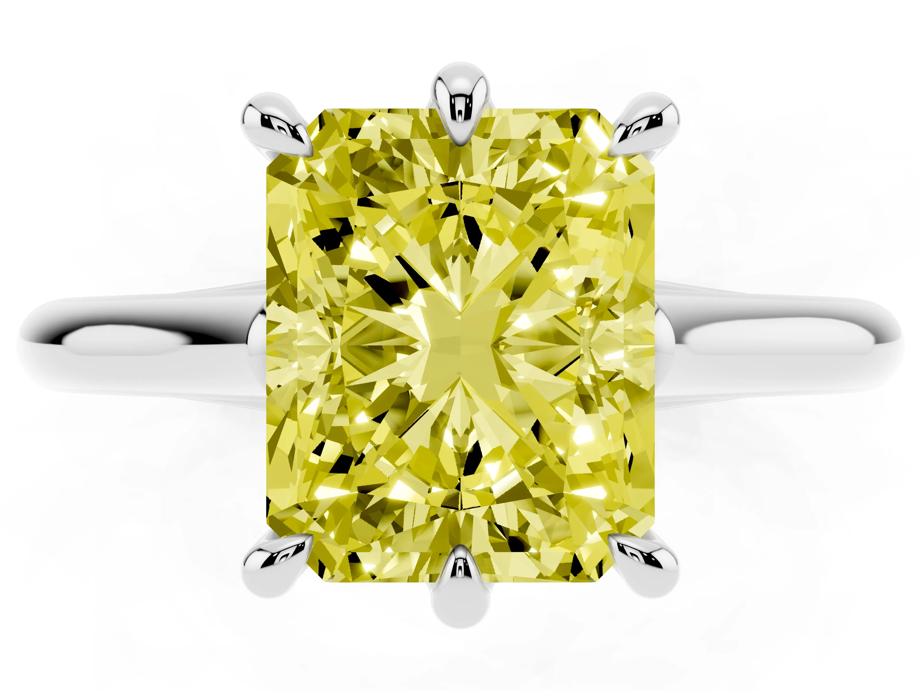 Fancy Yellow Radiant Cut Diamond Solitaire Engagement Ring Set in Silver with Prong Setting and Plain Classic Band