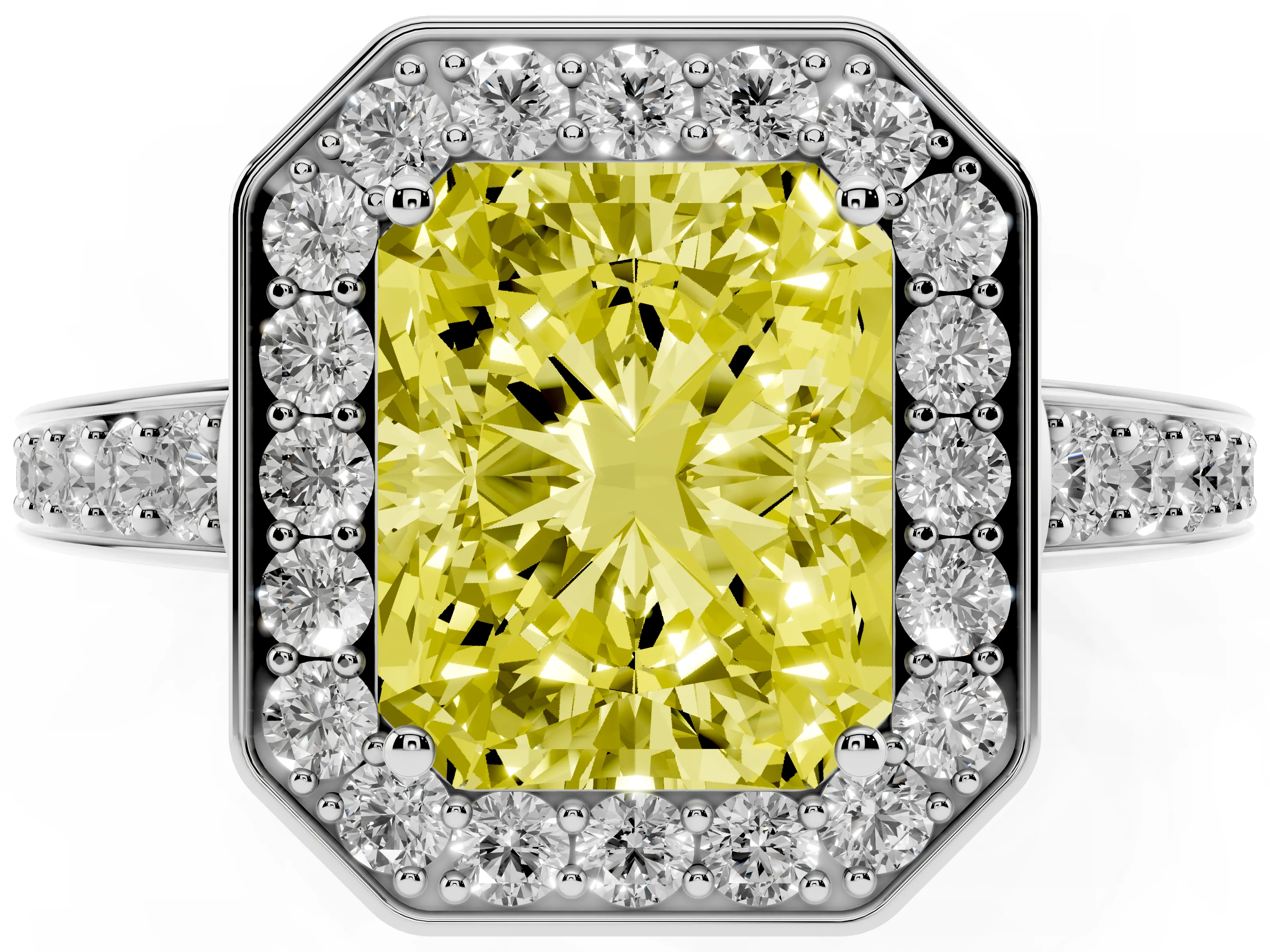 Fancy Yellow Radiant Cut Diamond Halo Pavé Engagement Ring Set in Silver with Bezel Setting