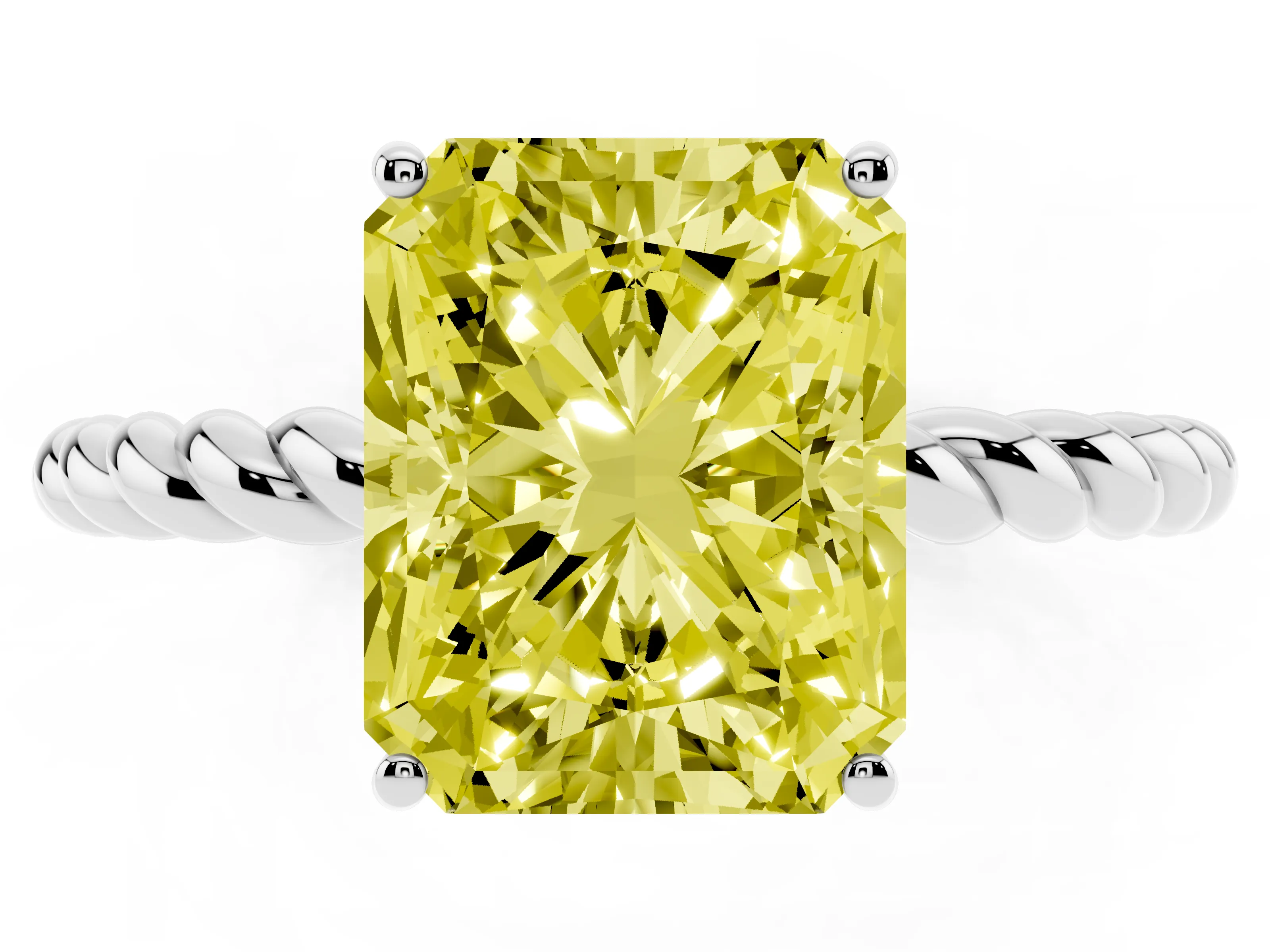 Fancy Yellow Radiant Cut Diamond Solitaire Ring Set in White gold with Twist Band and Prong Setting
