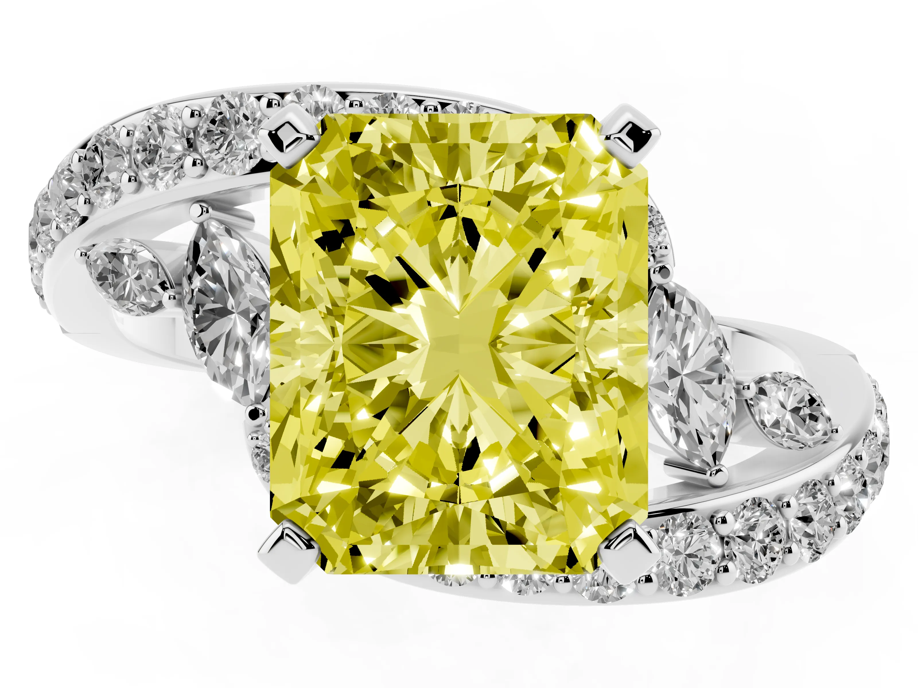 Fancy Yellow Radiant Cut Diamond Solitaire Ring Set in Silver with Pavé Twist Band and Secure Prong Setting