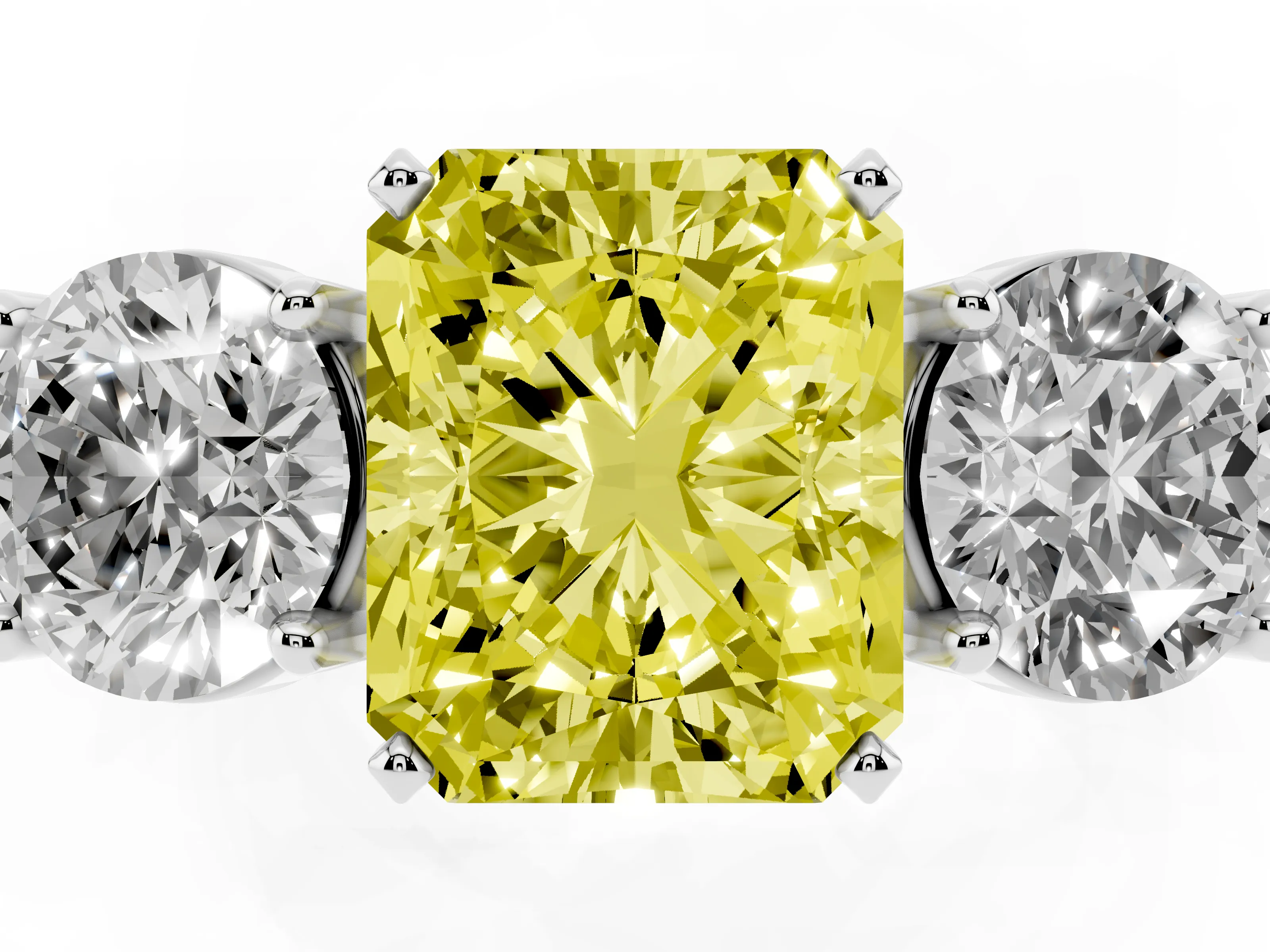 Fancy Yellow Radiant Cut Diamond Three-Stone Ring Set in Silver with Round Side Stones and Classic Band