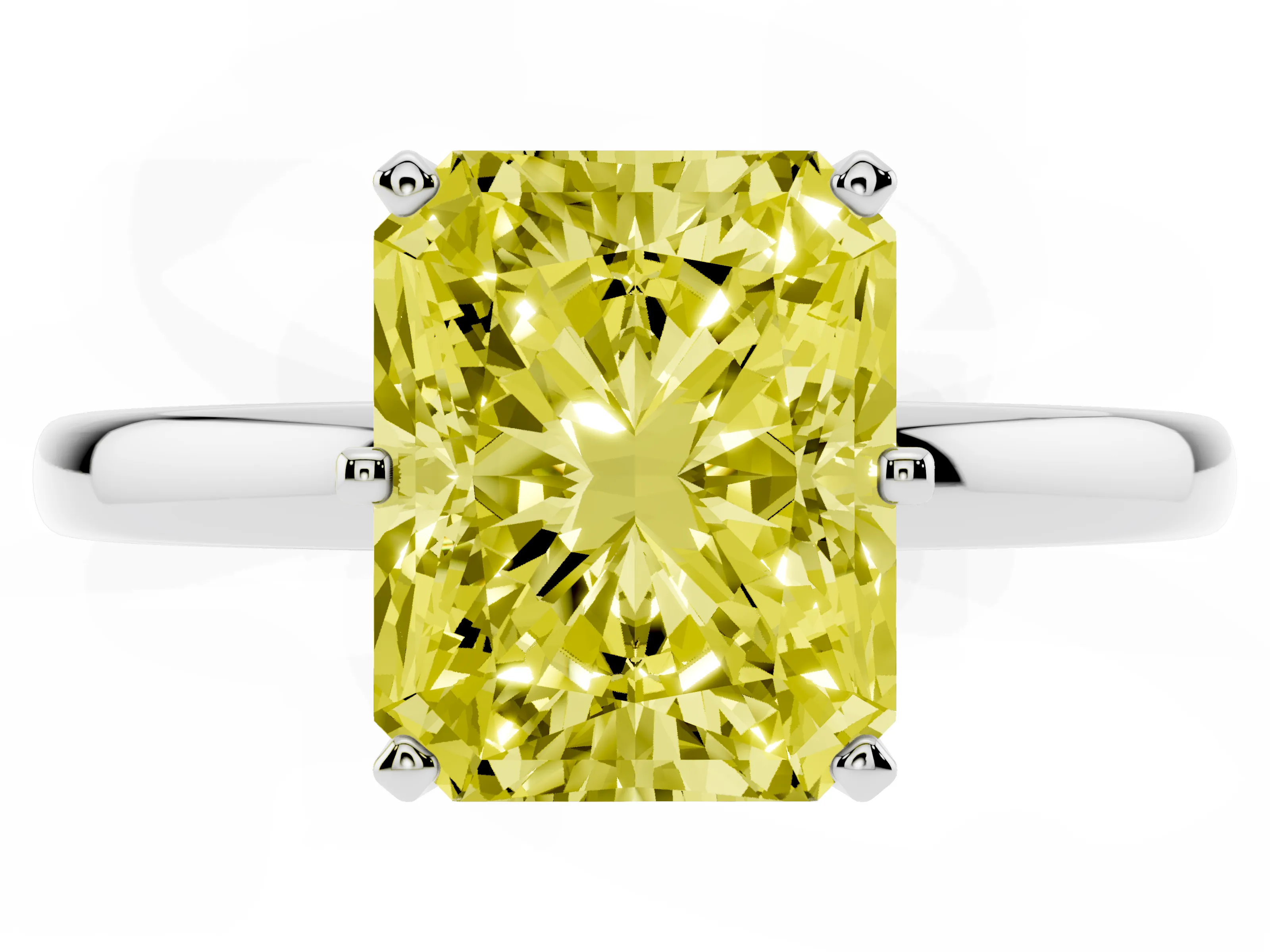 Fancy Yellow Radiant Cut Diamond Solitaire Ring Set in Silver with Raised Prong Setting on a Classic Band
