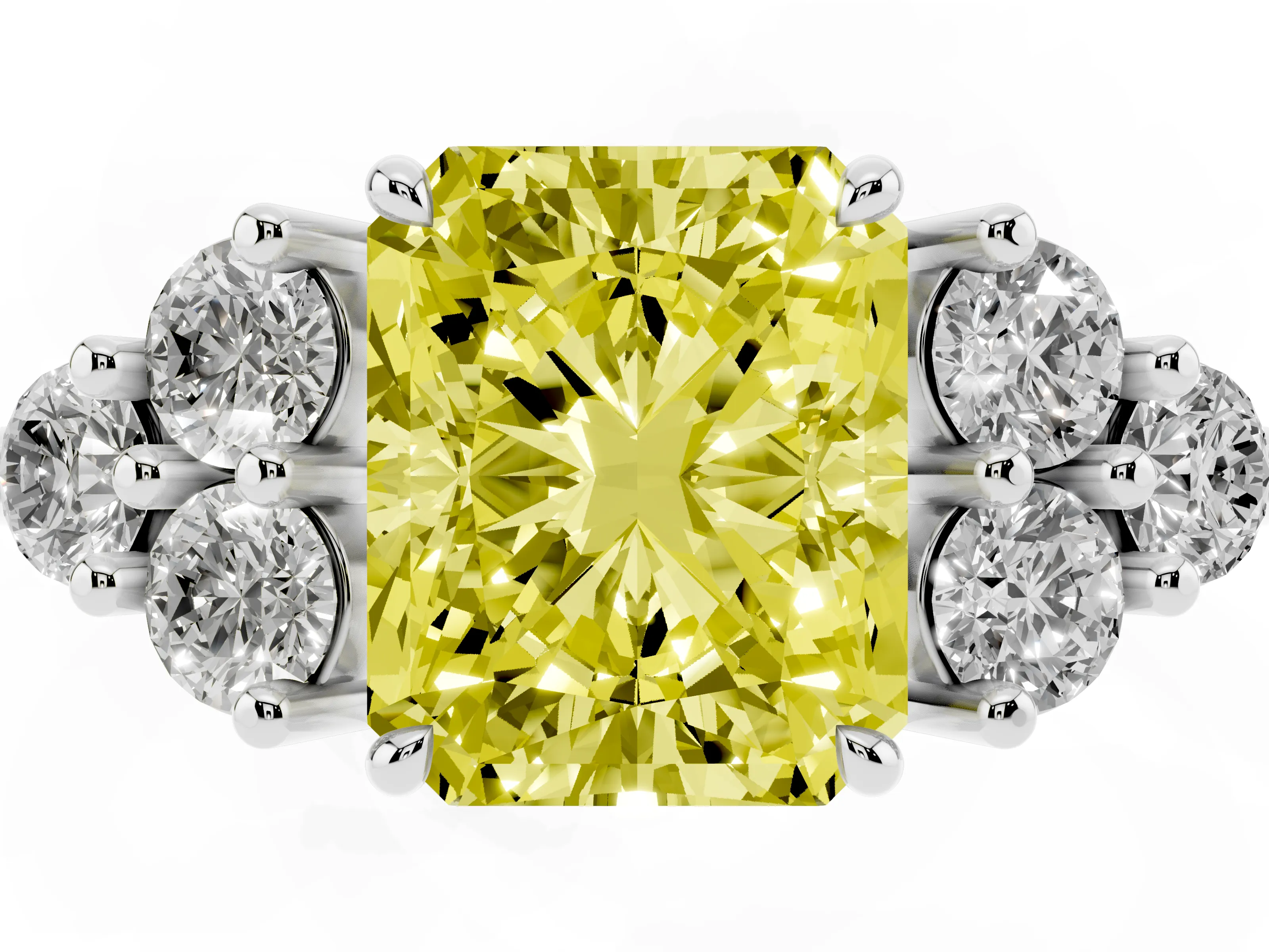 Fancy Yellow Radiant Cut Diamond Solitaire Ring Set in White gold with Cluster Accents on Each Side