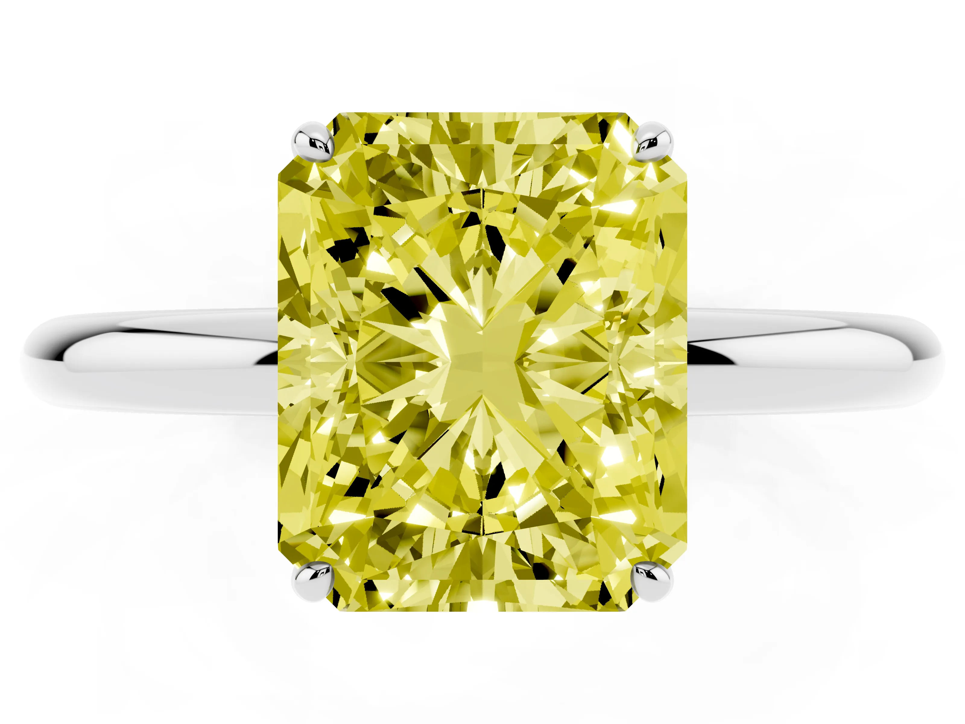 Fancy Yellow Radiant Cut Diamond Solitaire Ring Set in Platinum with Prong Setting on a Polished Plain Band