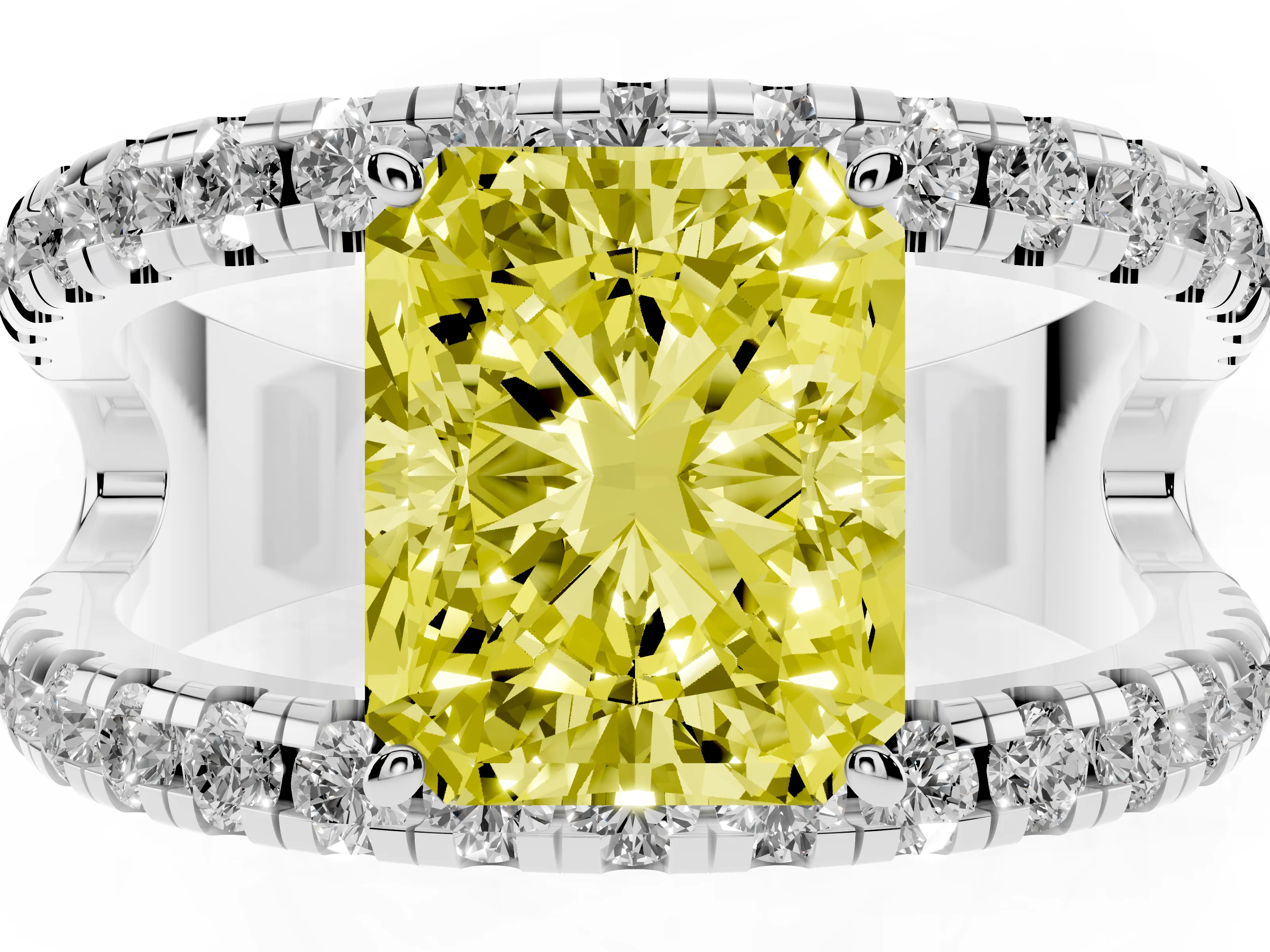 Fancy Yellow Radiant Cut Diamond Split Shank Pavé Solitaire Ring Set in Platinum with Open Shank Design