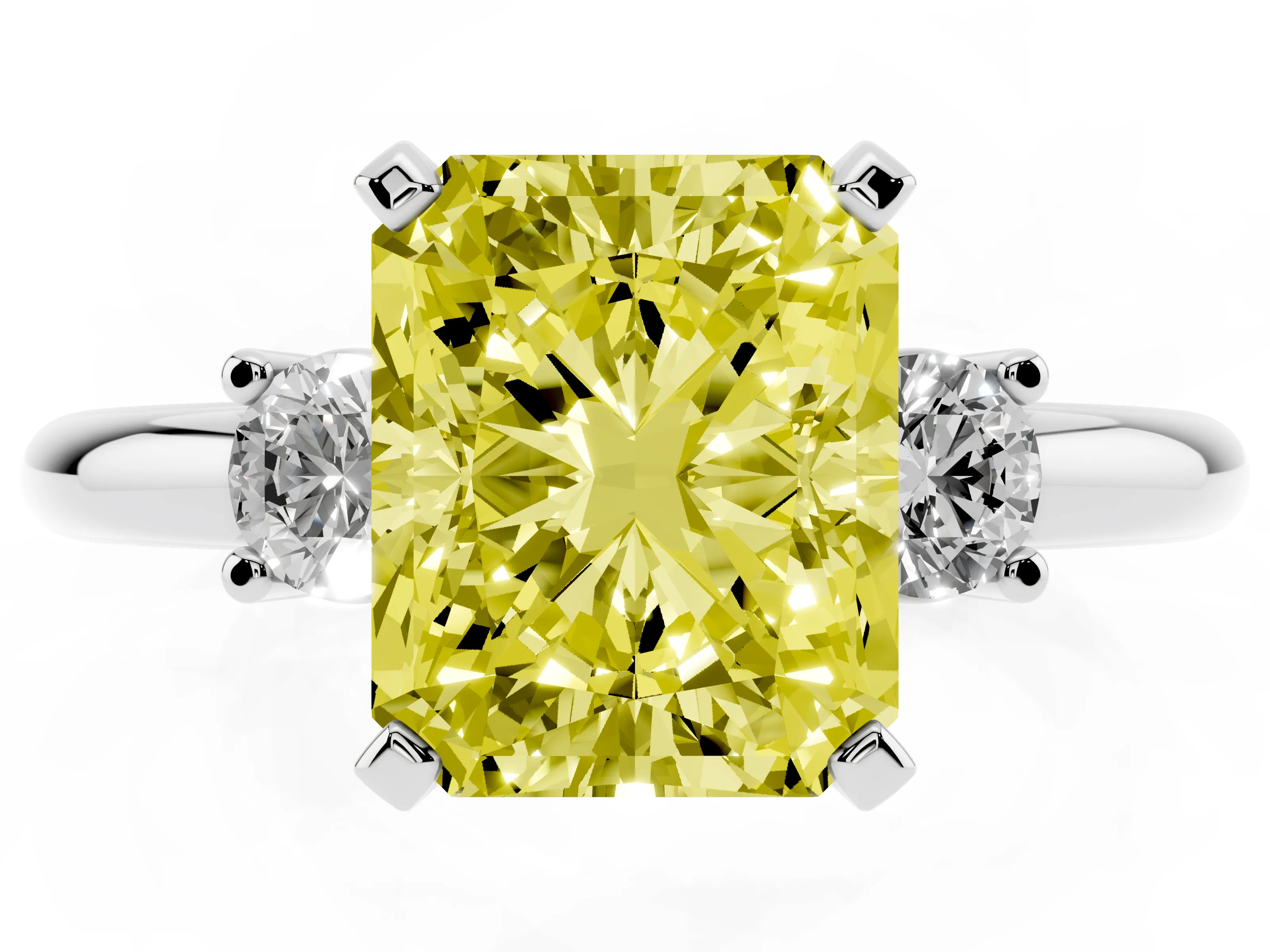 Fancy Yellow Three-Stone Radiant Cut Diamond Ring Set in White gold with Prong Setting and Plain Band