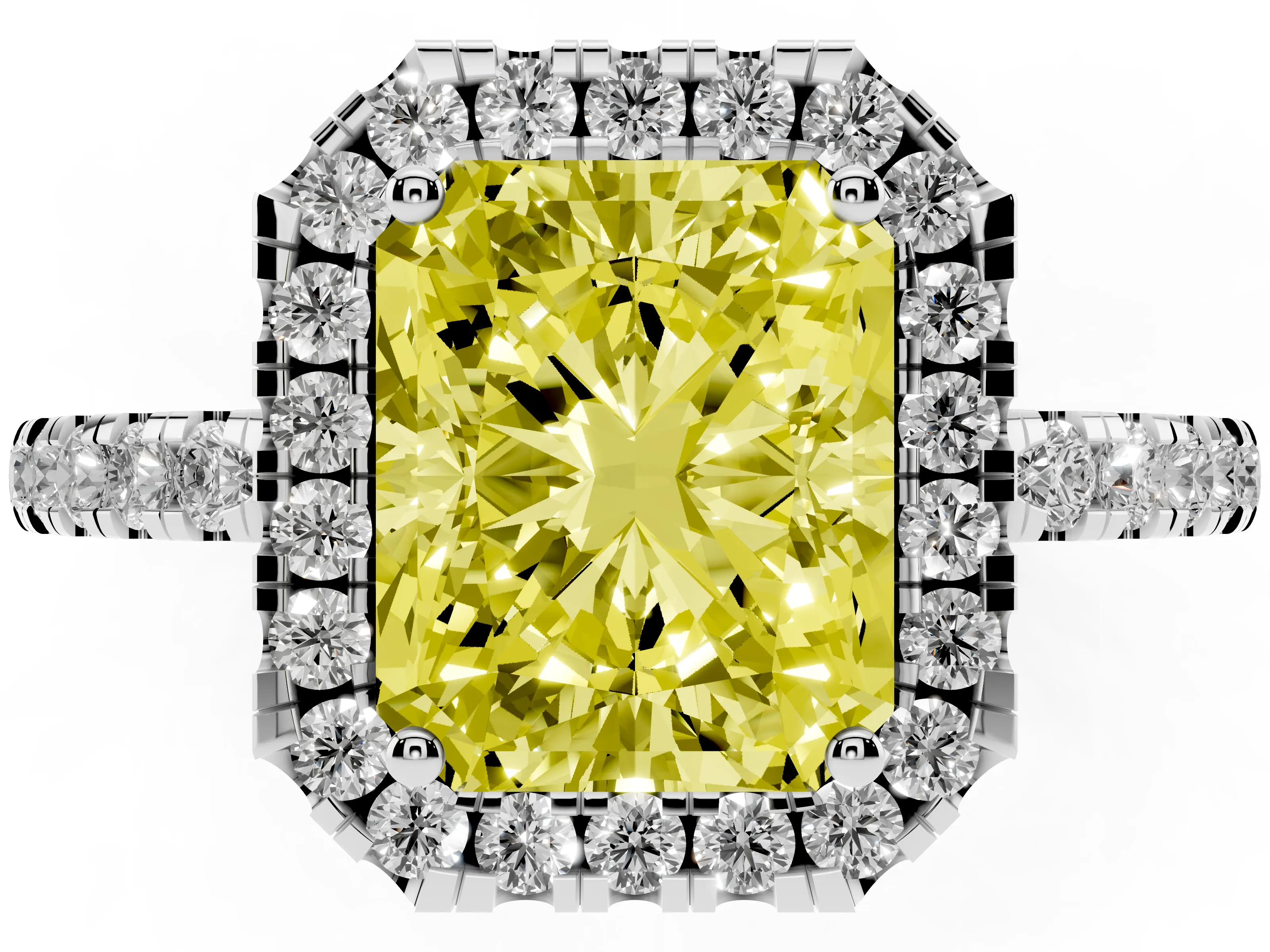 Fancy Yellow Radiant Cut Diamond Pavé Band Halo Engagement Ring Set in Platinum with Prong Setting