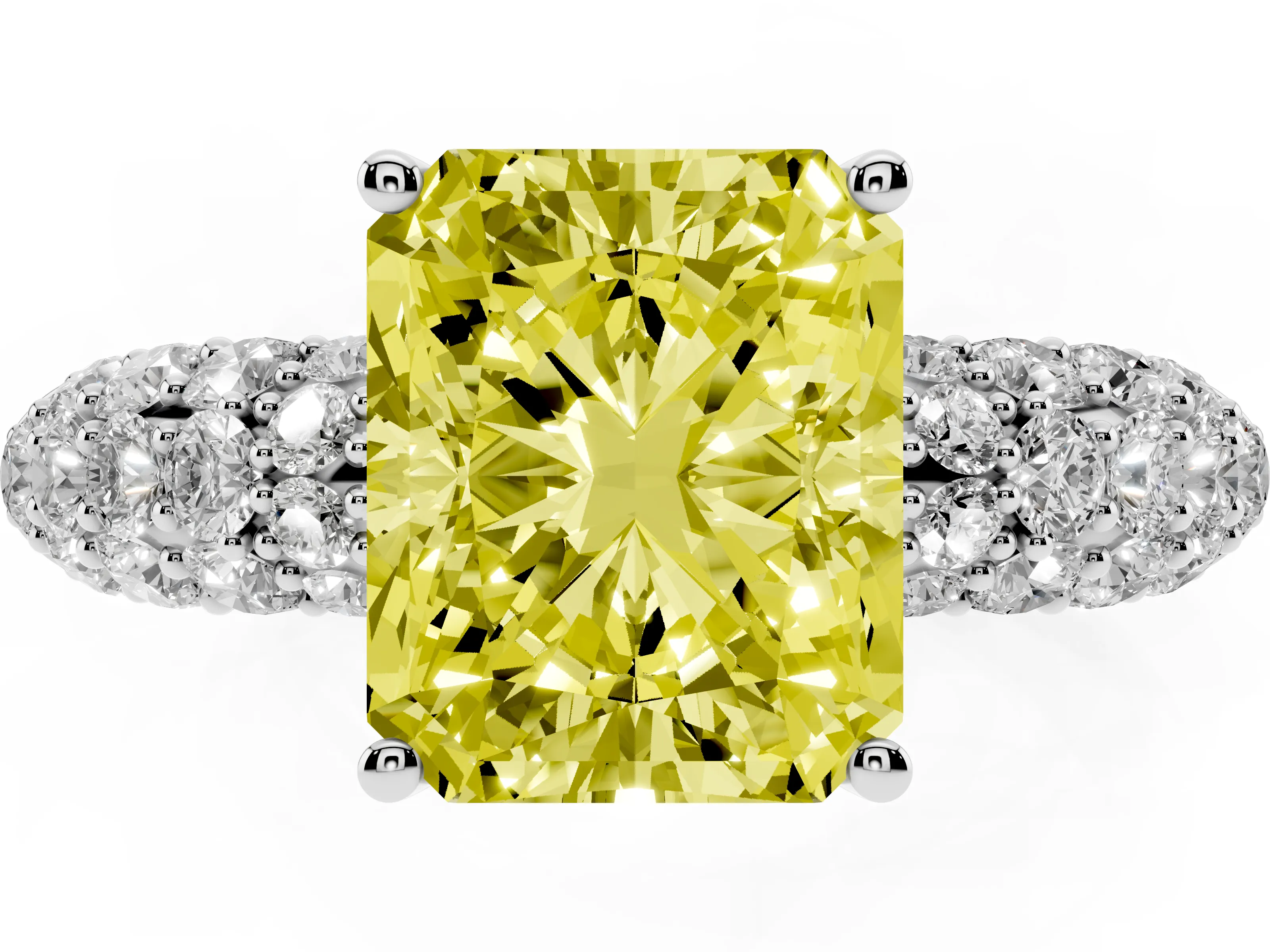 Fancy Yellow Radiant Cut Diamond Pavé Band Solitaire Ring Set in White gold with Close-Set Accent Stones and Prong Setting