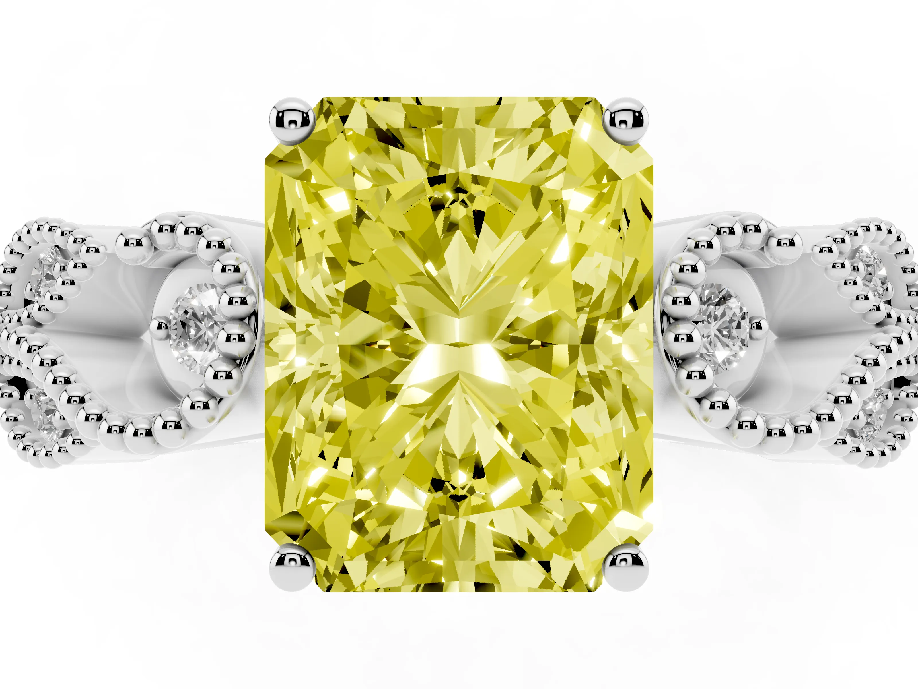 Fancy Yellow Radiant Cut Diamond Milgrain Leaf Band Solitaire Ring Set in Platinum with Accent Stones and Prong Setting