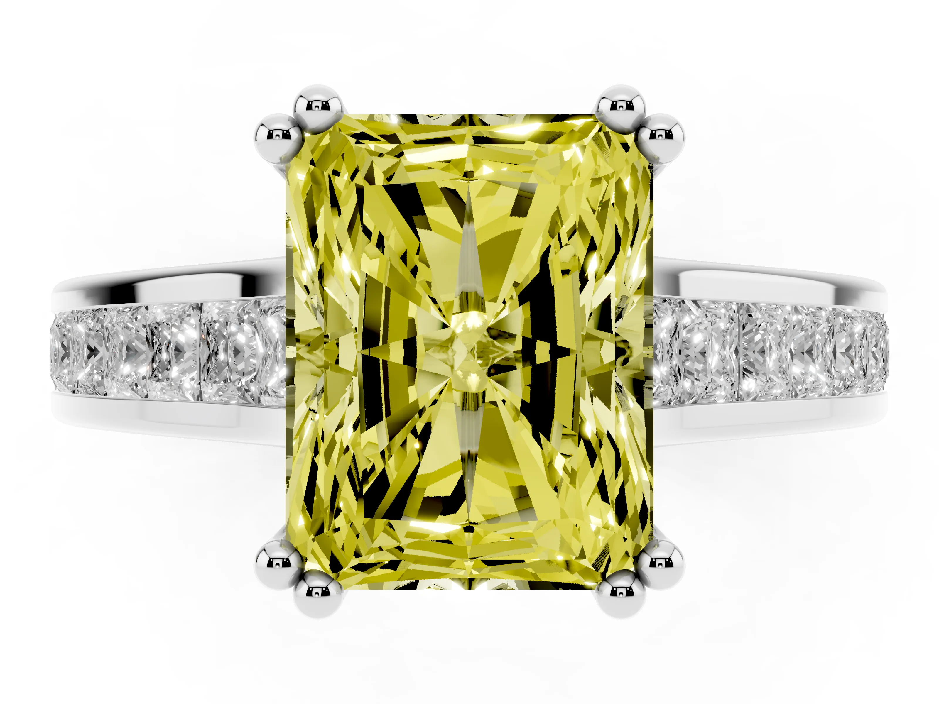 Fancy Yellow Radiant Cut Diamond Channel Set Solitaire Engagement Ring Set in Silver with Prong Setting