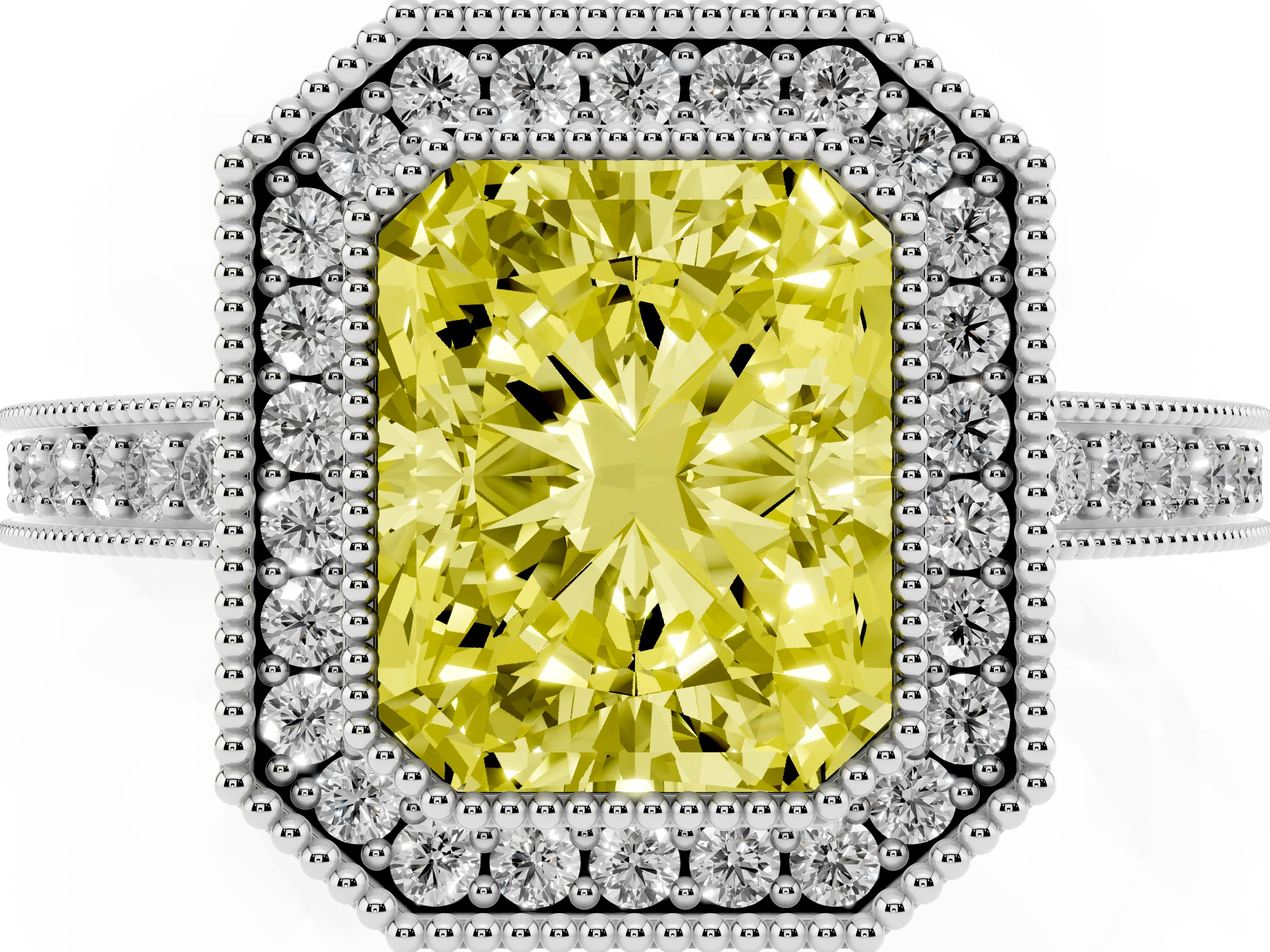 Fancy Yellow Radiant Cut Diamond Round Halo Ring Set in White gold with Pavé Band