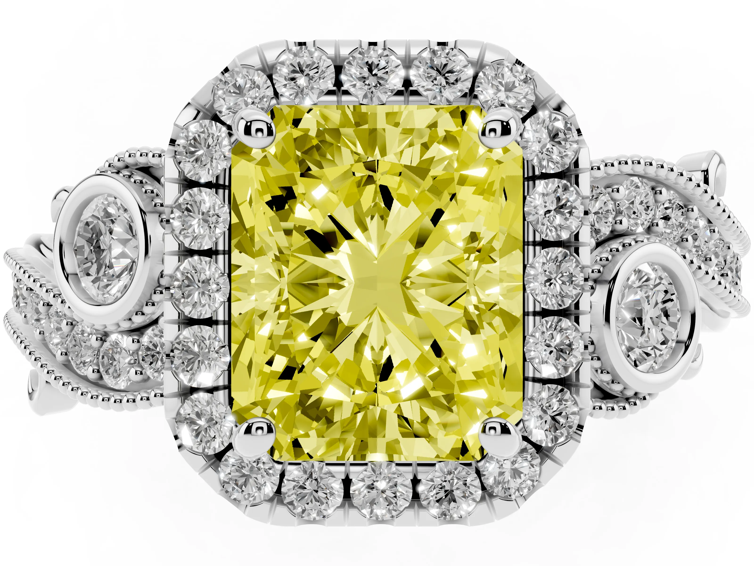 Fancy Yellow Radiant Cut Diamond Halo Ring Set in White gold with Milgrain Pavé Band and Prong Setting