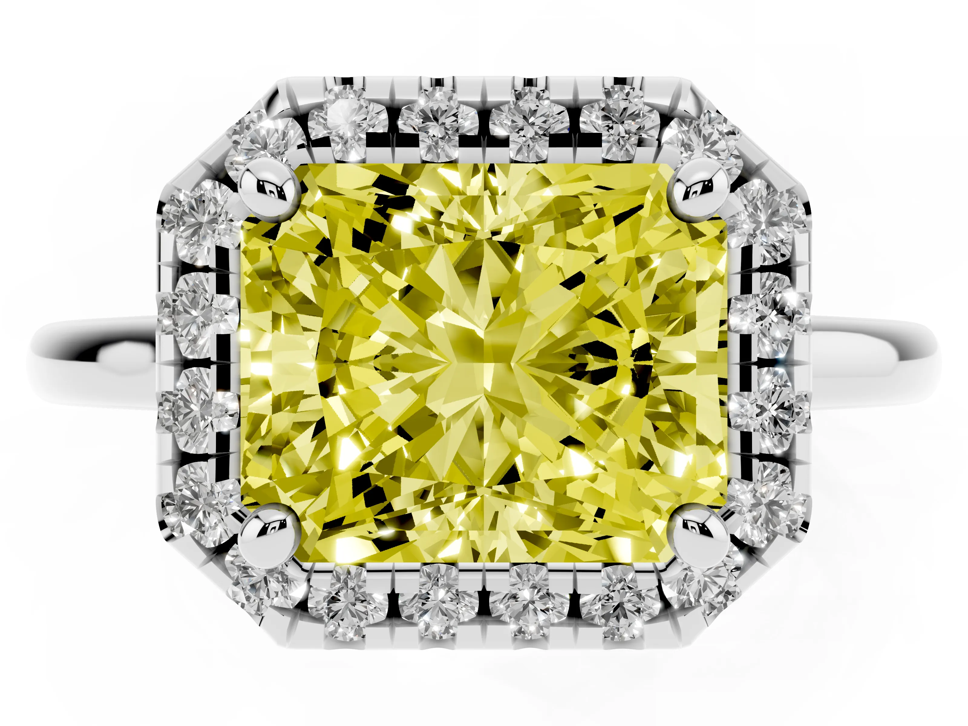 Fancy Yellow Radiant Cut Diamond Halo Engagement Ring Set in White gold with Pavé Band and Rising Shoulders