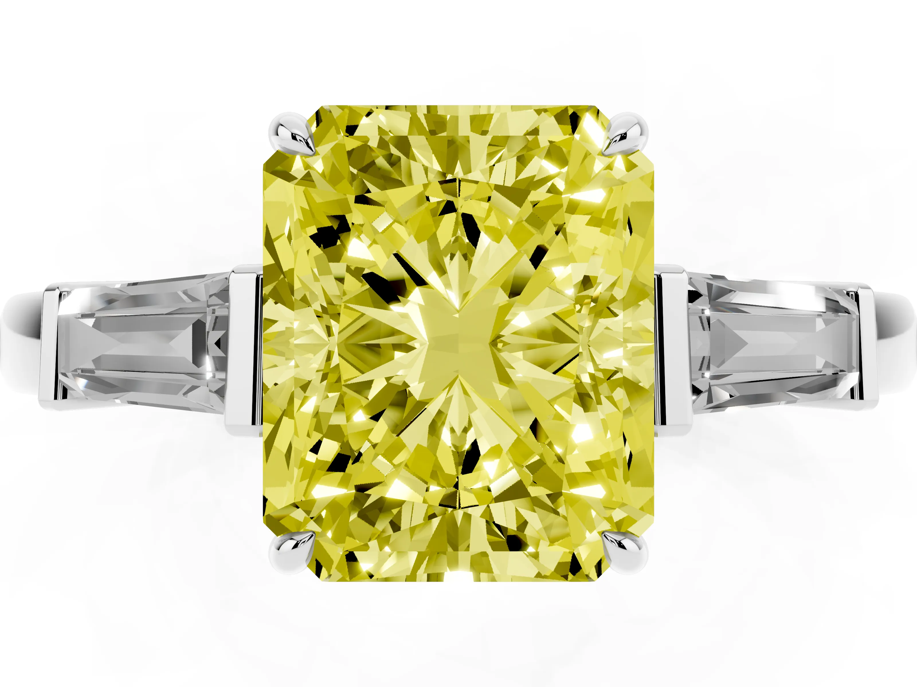 Fancy Yellow Radiant Cut Diamond Three-Stone Ring Set in Platinum with Tapered Baguette Side Stones and Prong Setting