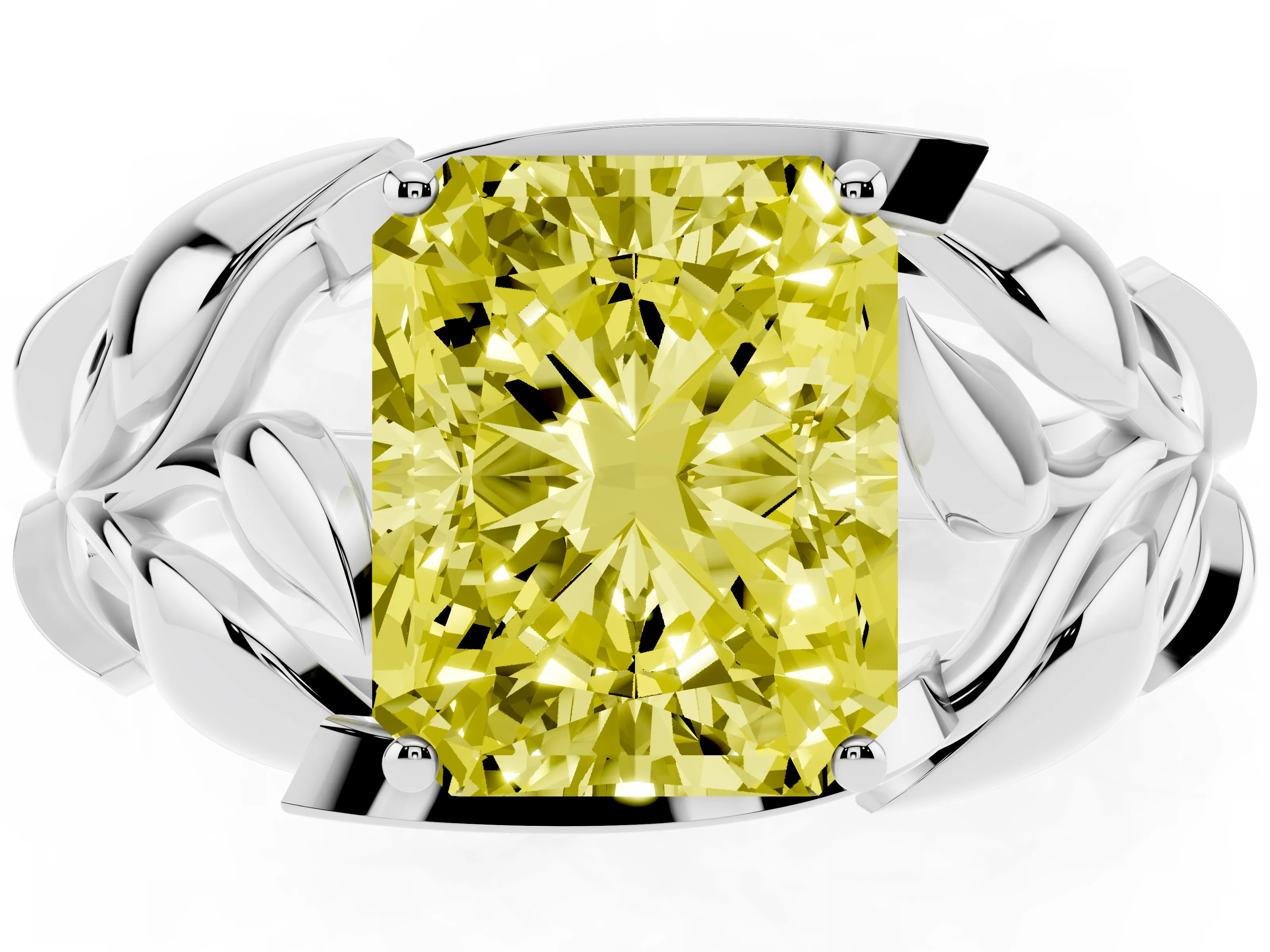 Fancy Yellow Radiant Cut Diamond Leaf-Inspired Engagement Ring Set in Platinum with Round Accents