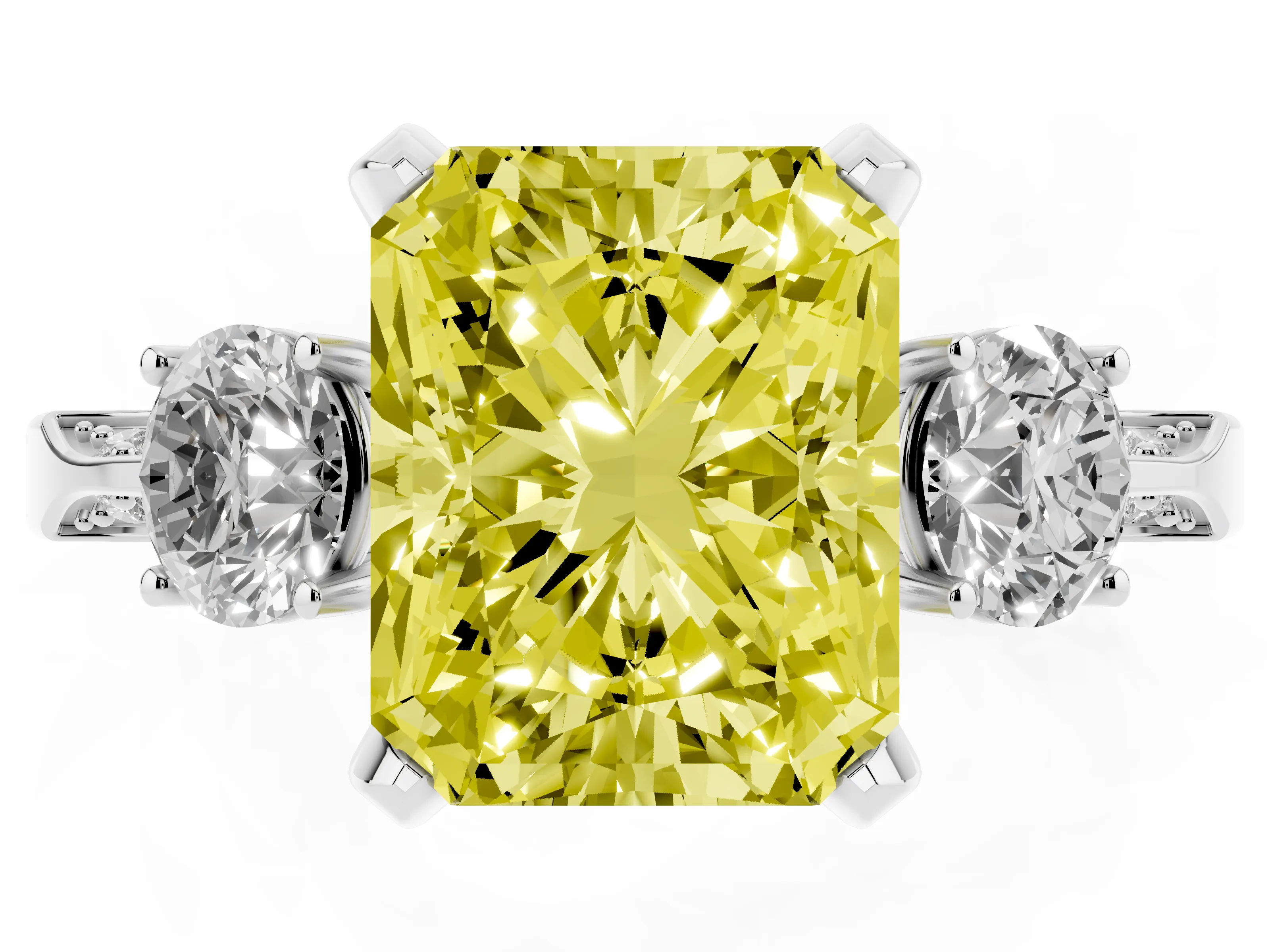 Fancy Yellow Radiant Cut Diamond Three-Stone Ring Set in White gold with Pavé Band and Smaller Side Stones