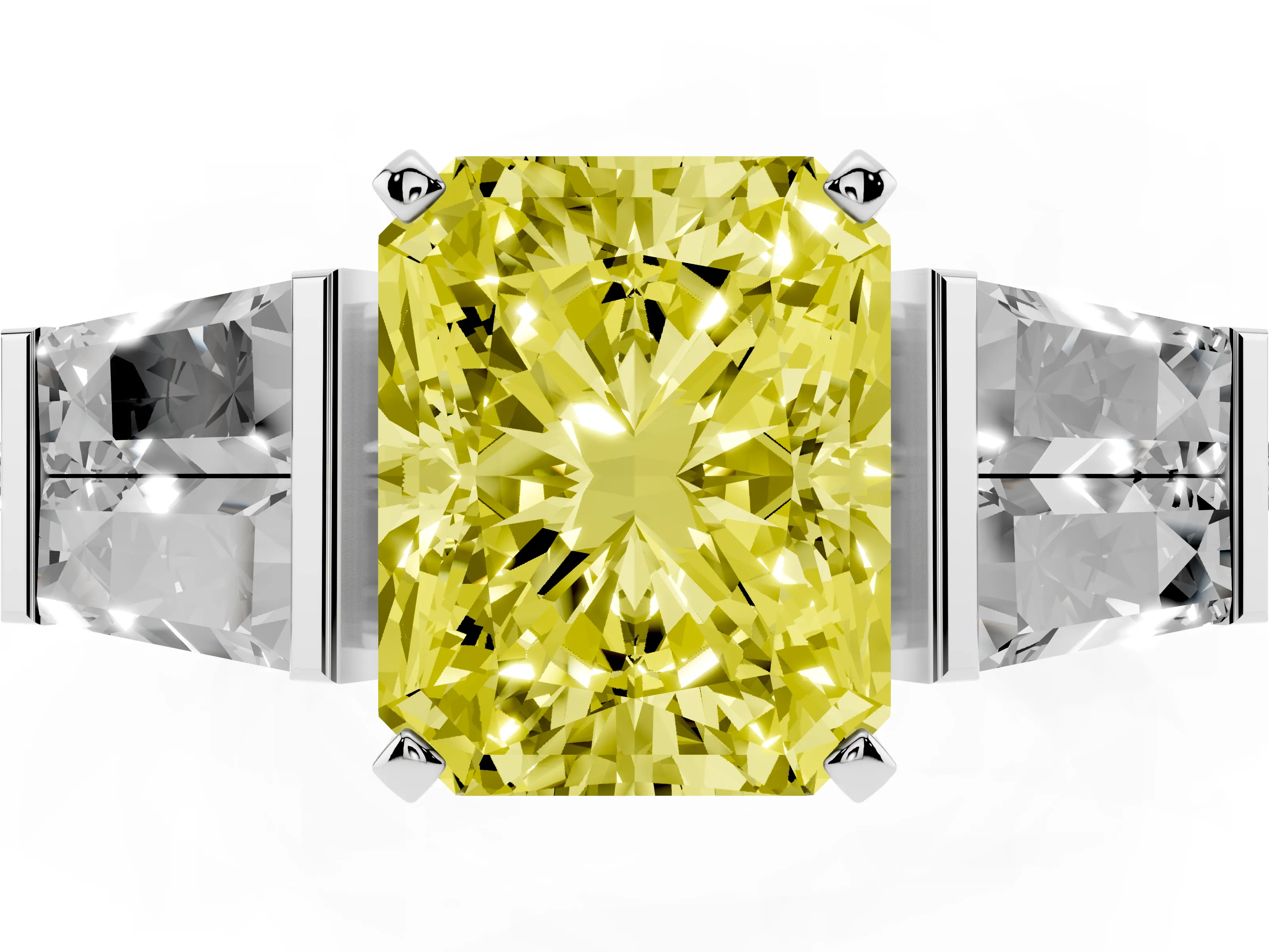 Fancy Yellow Radiant Cut Diamond Engagement Ring Set in Silver with Baguette Side Stones and Channel Set Band