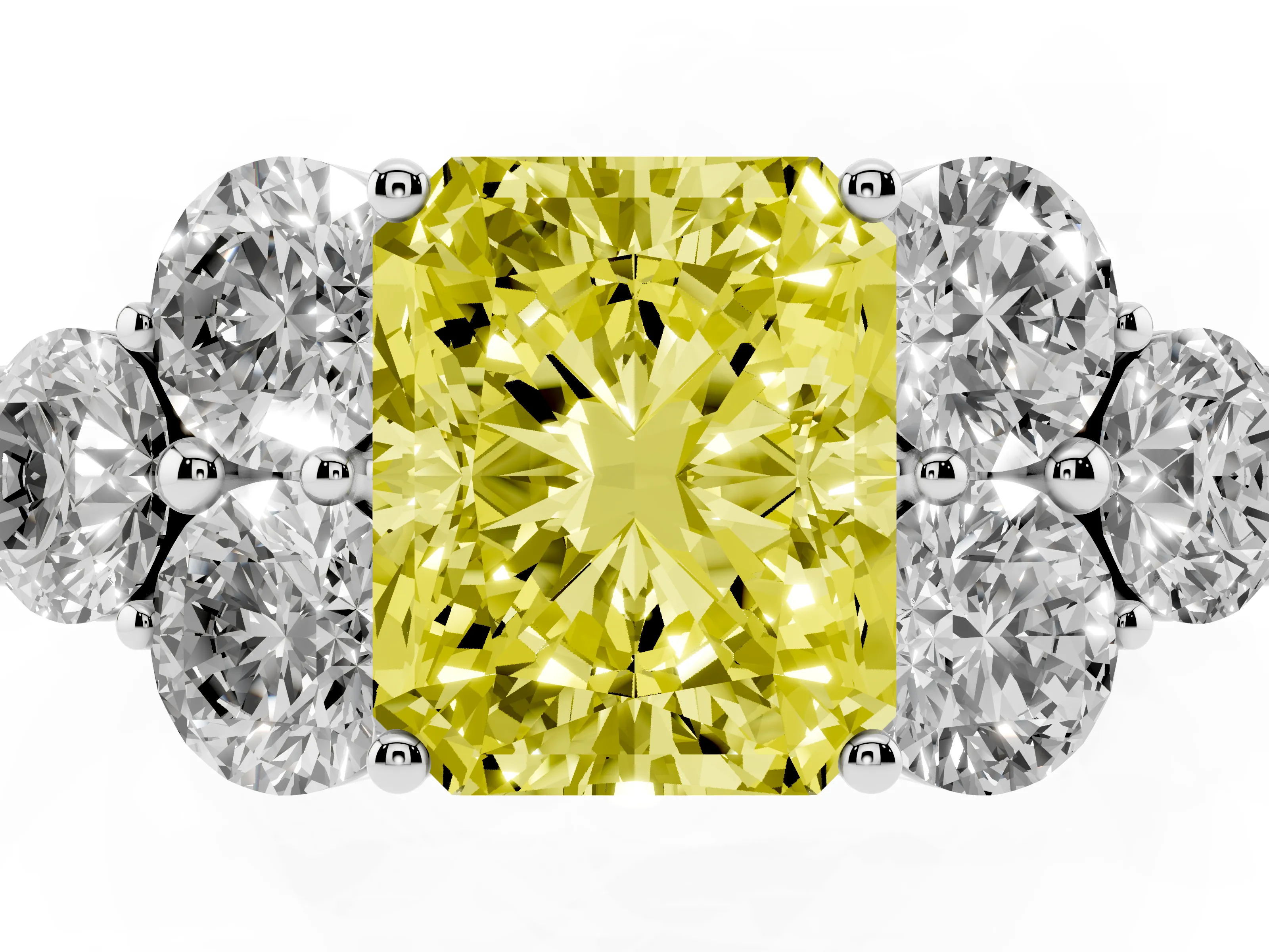 Fancy Yellow Radiant Cut Diamond Cluster Ring Set in Silver with Round Accent Stones and Prong Setting on a Plain Band