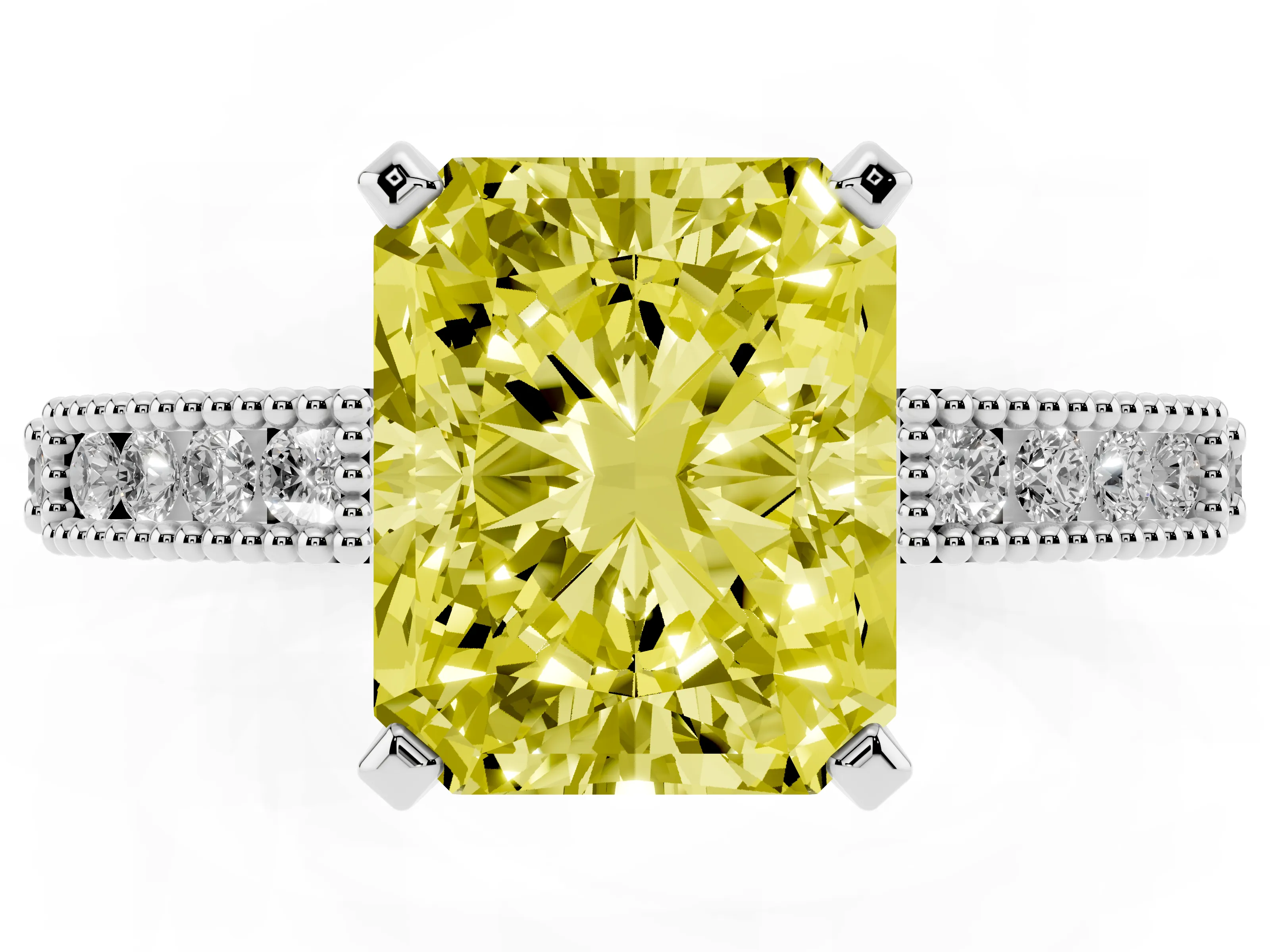 Fancy Yellow Radiant Cut Diamond Solitaire Ring Set in Platinum with Slim Pavé Band and Prong Setting