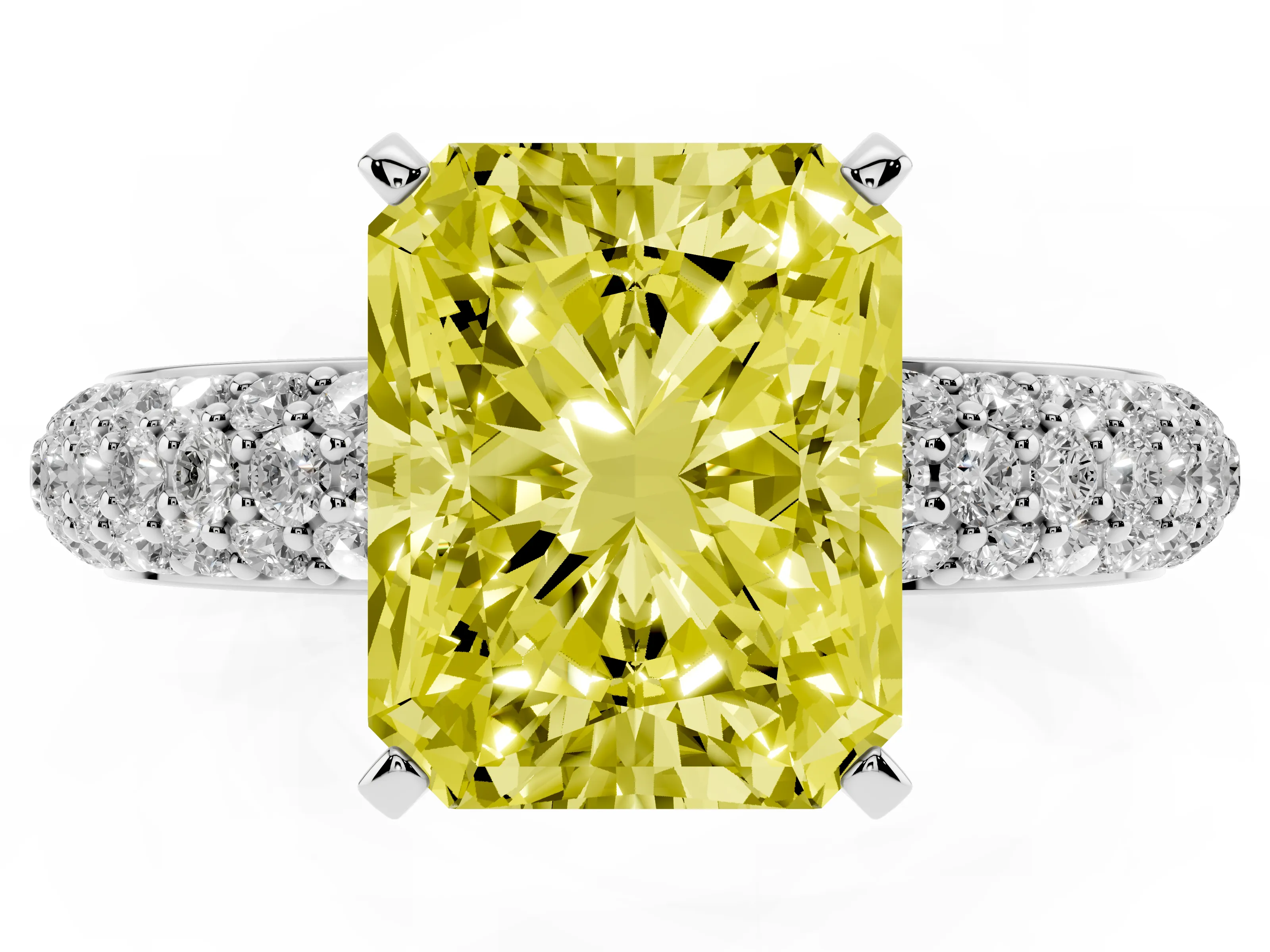 Fancy Yellow Radiant Cut Diamond Solitaire Ring Set in Silver with Prong Setting and Pavé-Set Band