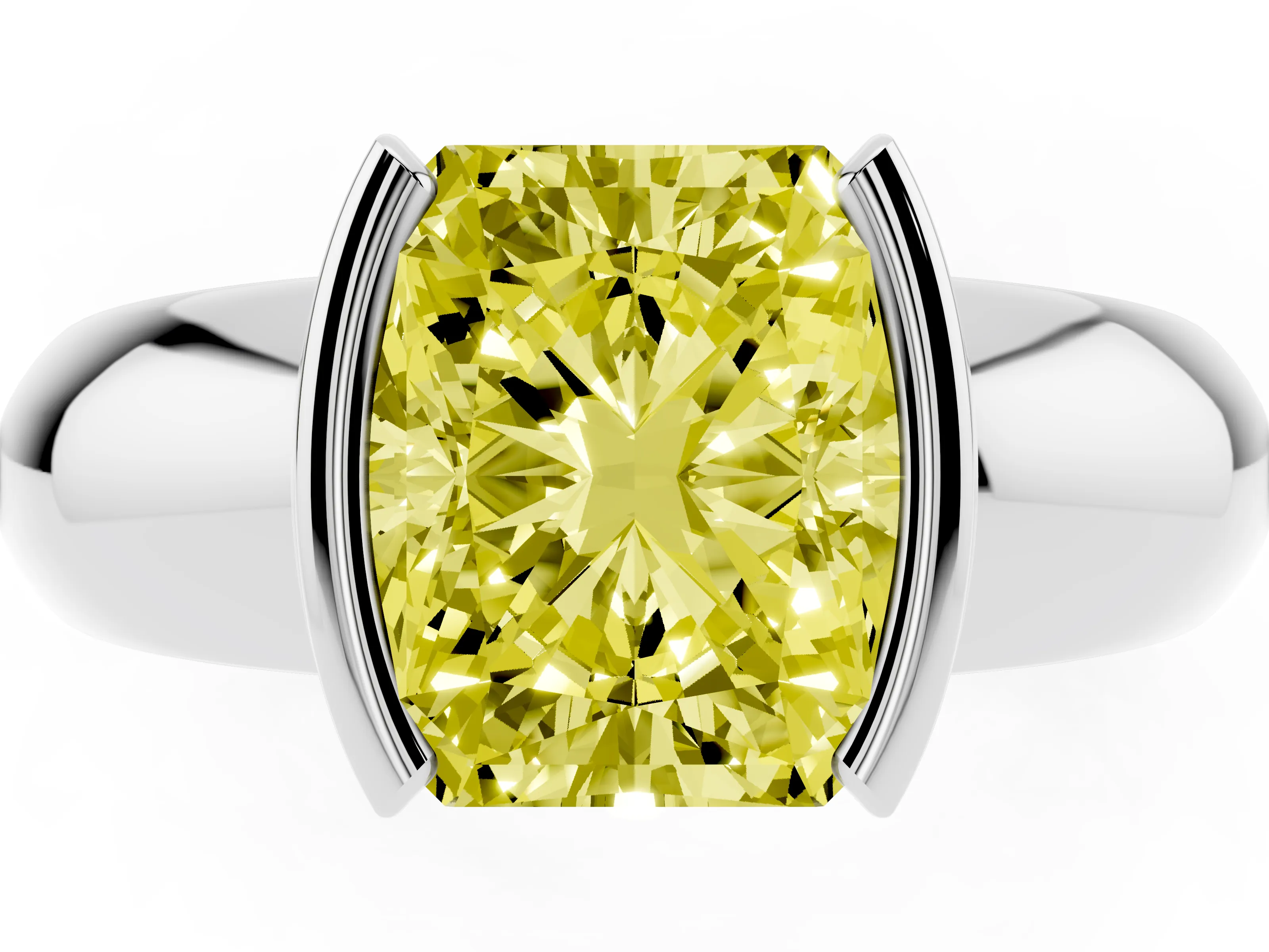 Fancy Yellow Radiant Cut Diamond Solitaire Tension Set Ring Set in White gold with Wide Band