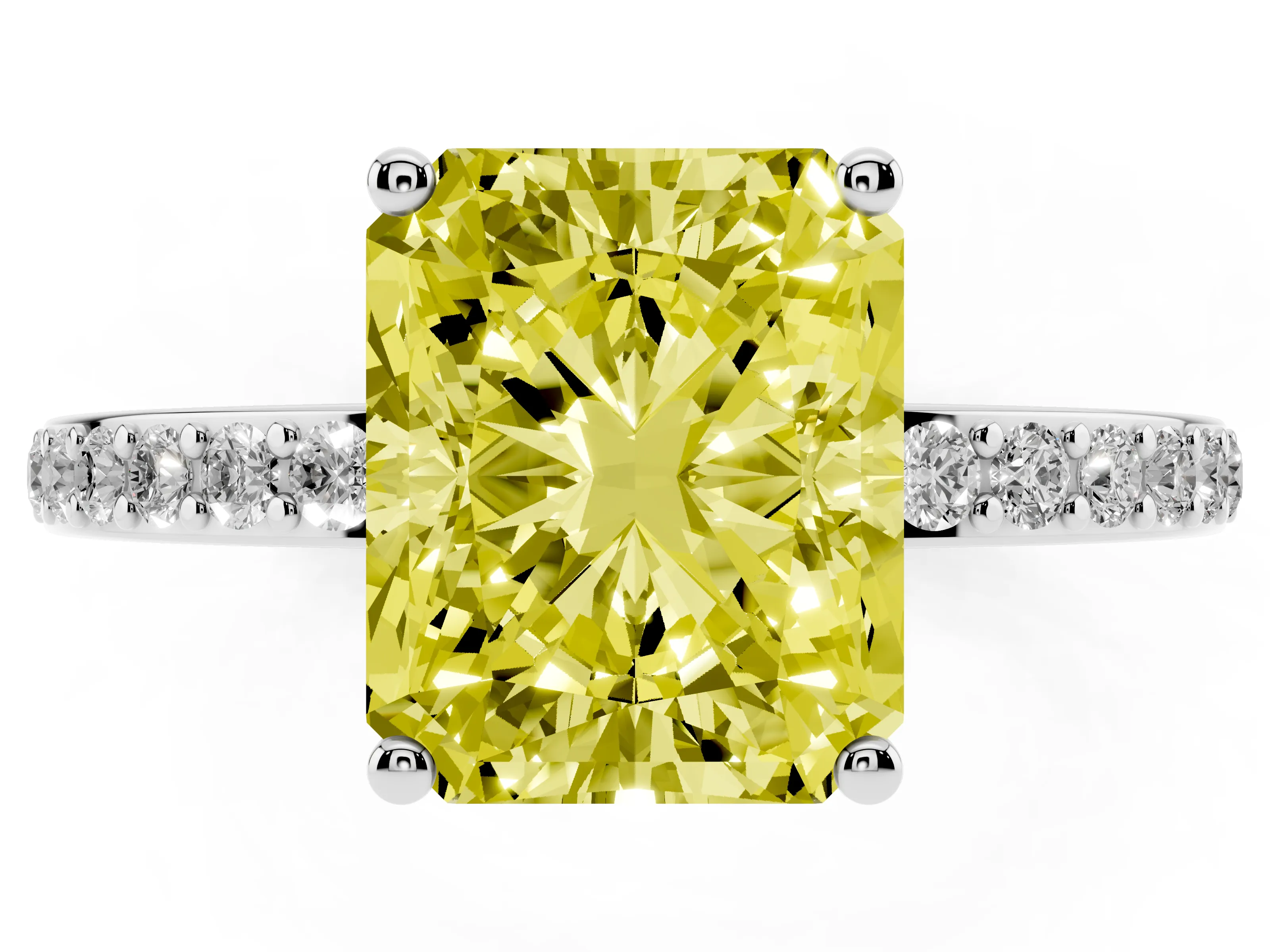 Fancy Yellow Radiant Cut Diamond Pavé Band Ring Set in White gold with Prong-Set Center Stone