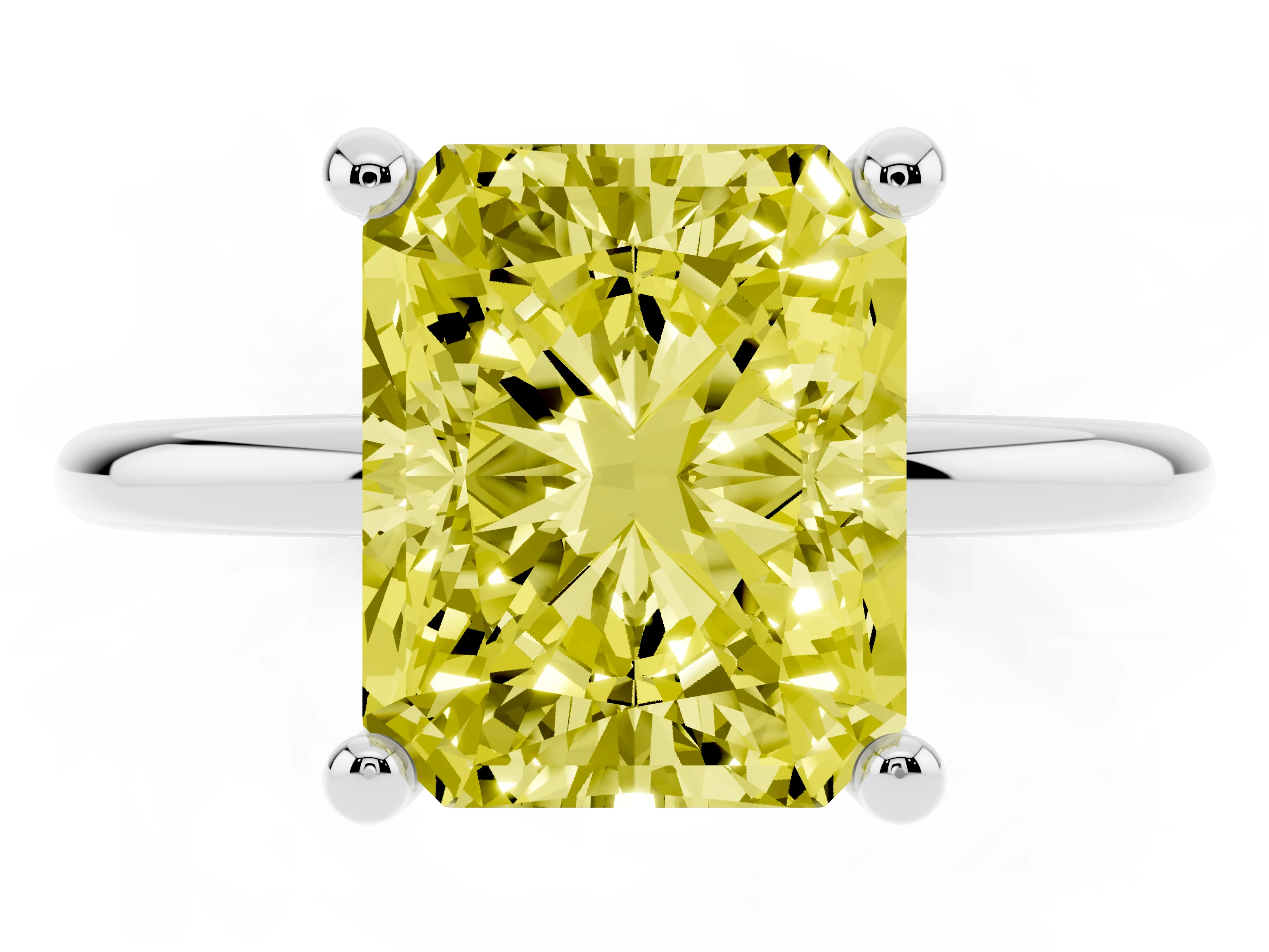Fancy Yellow Radiant Cut Diamond Solitaire Ring Set in White gold with Secure Prong Setting on a Classic Band