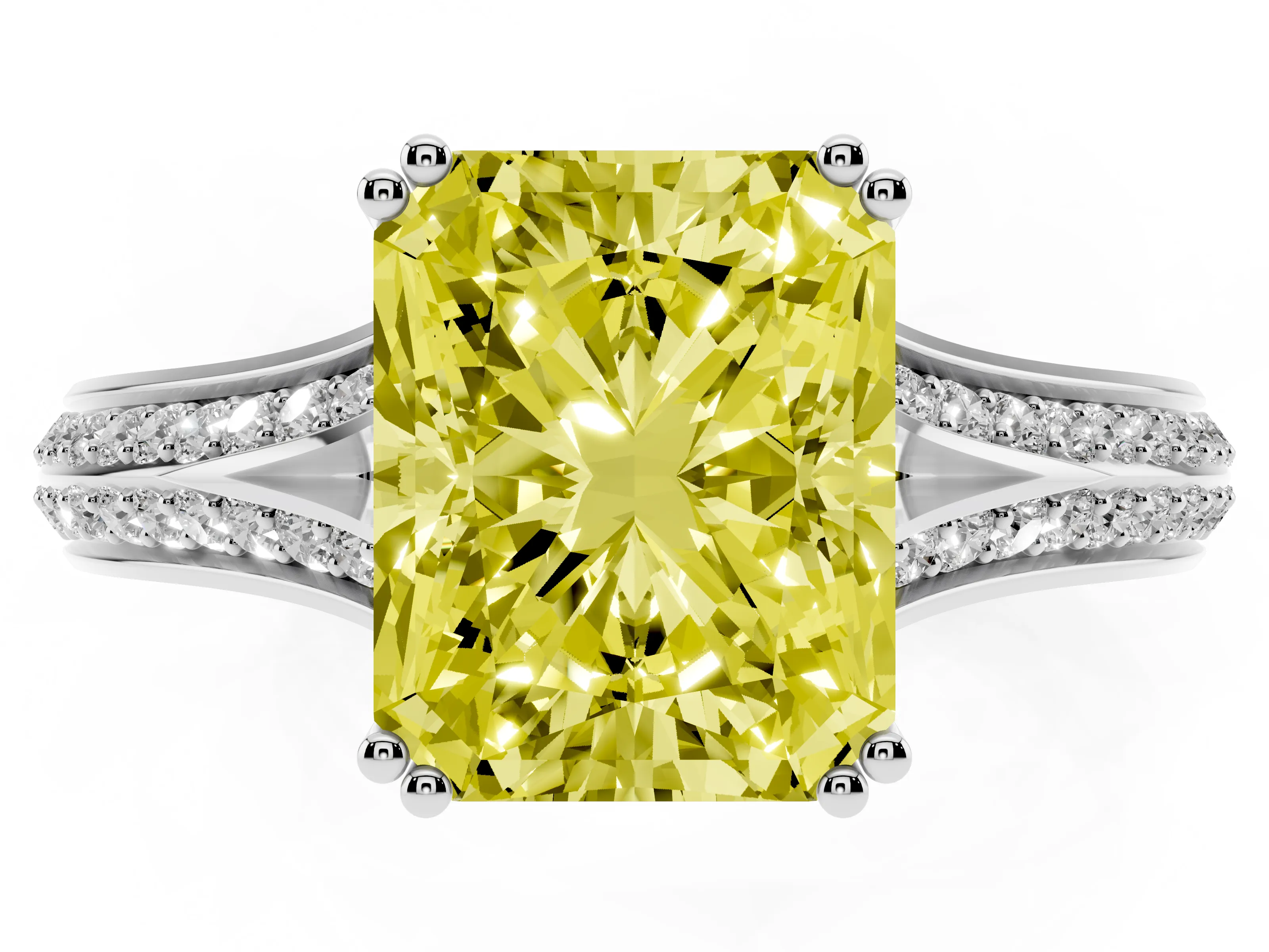 Fancy Yellow Radiant Cut Diamond Split Shank Pavé Engagement Ring Set in Platinum with Prong-Set Center Stone