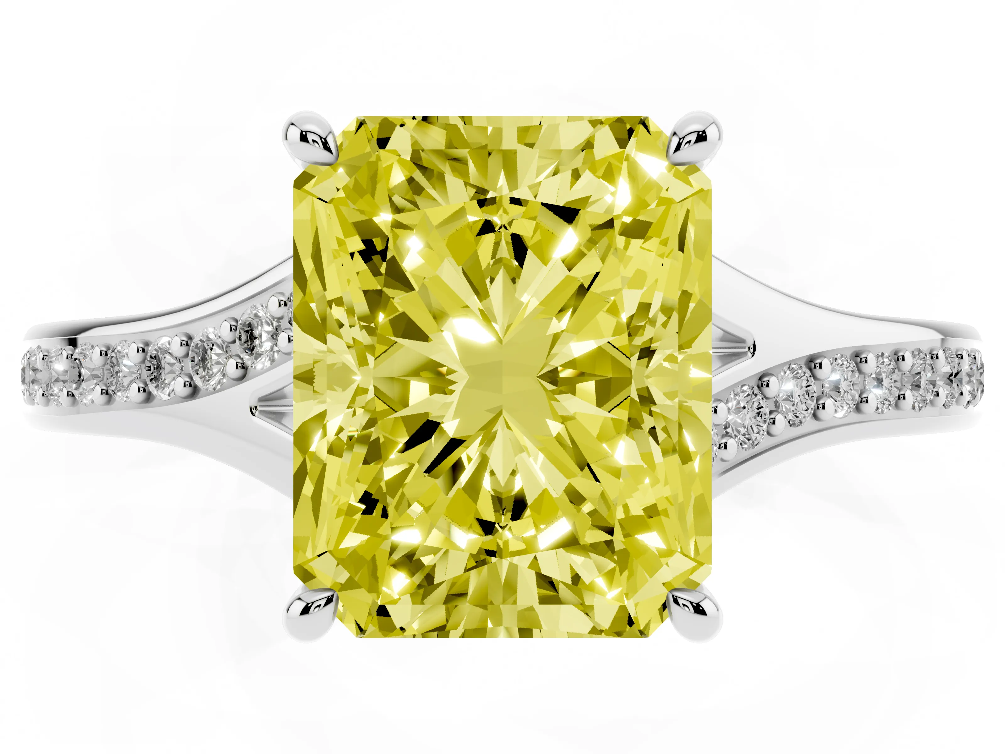 Fancy Yellow Radiant Cut Diamond Solitaire Ring Set in Platinum with Pavé Accent Band and Classic Prong Setting