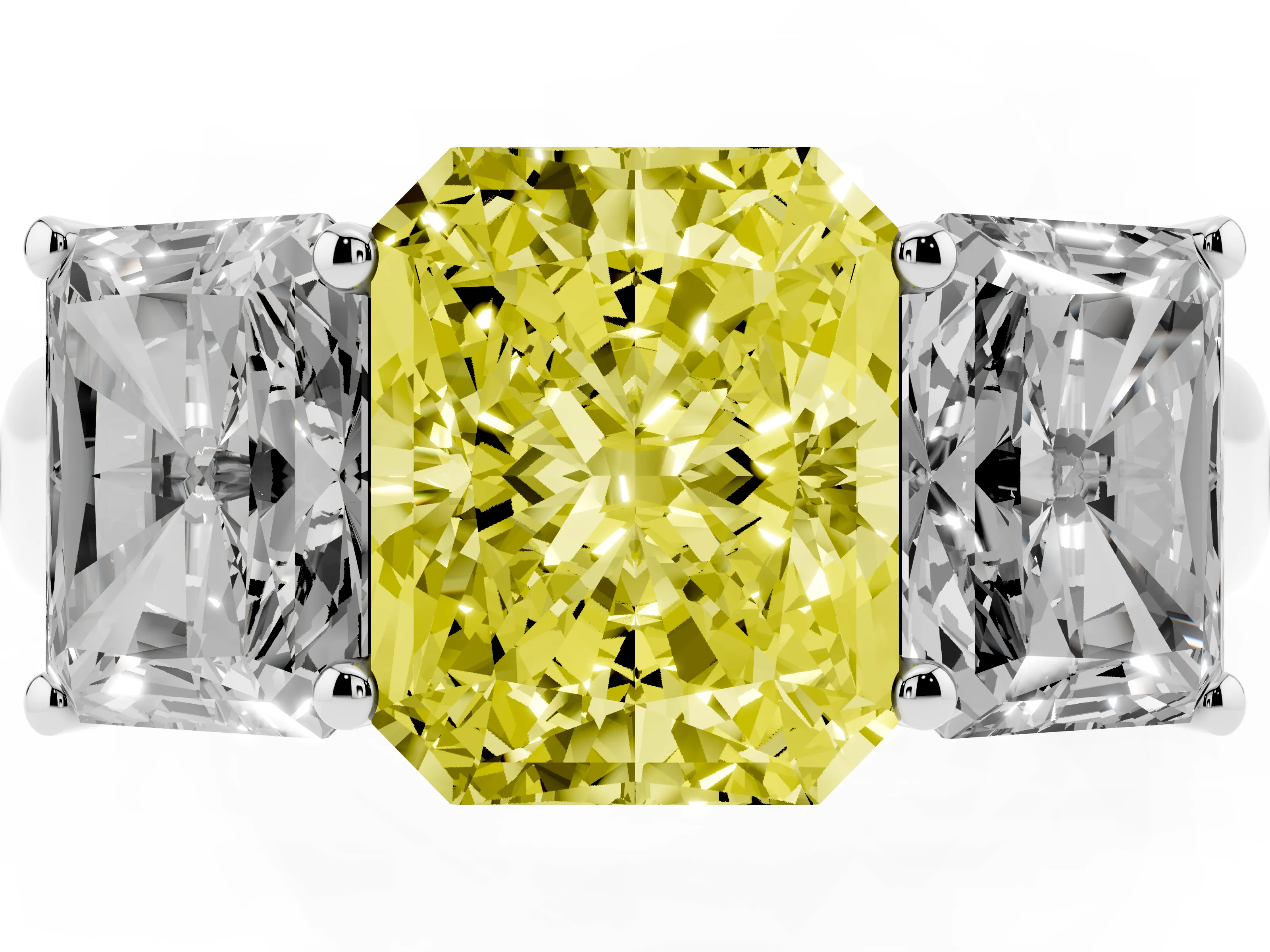 Fancy Yellow Radiant Cut Diamond Three-Stone Ring Set in White gold with Plain Polished Band