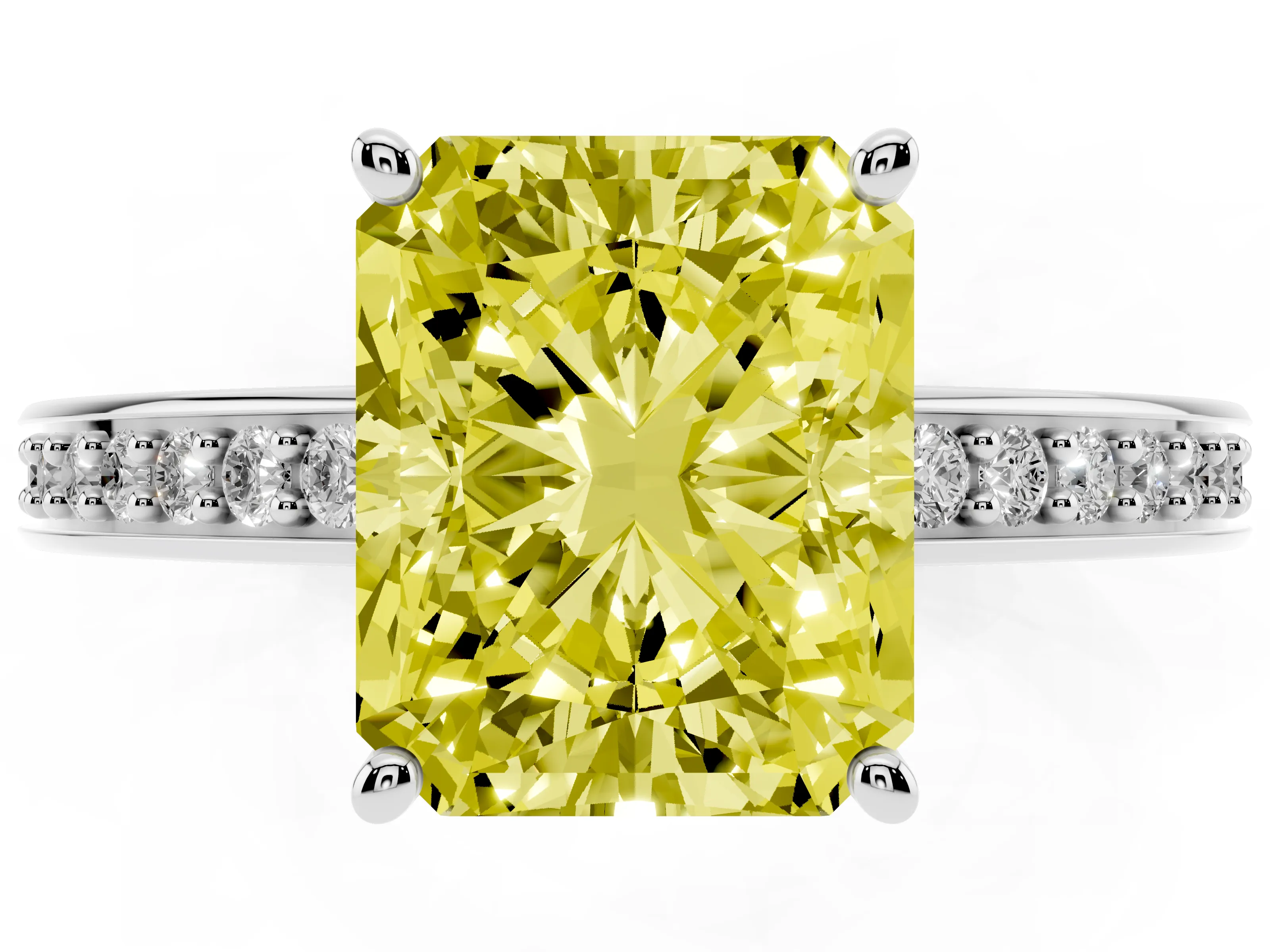 Fancy Yellow Radiant Cut Diamond Pavé Band Prong Set Solitaire Ring Set in Platinum