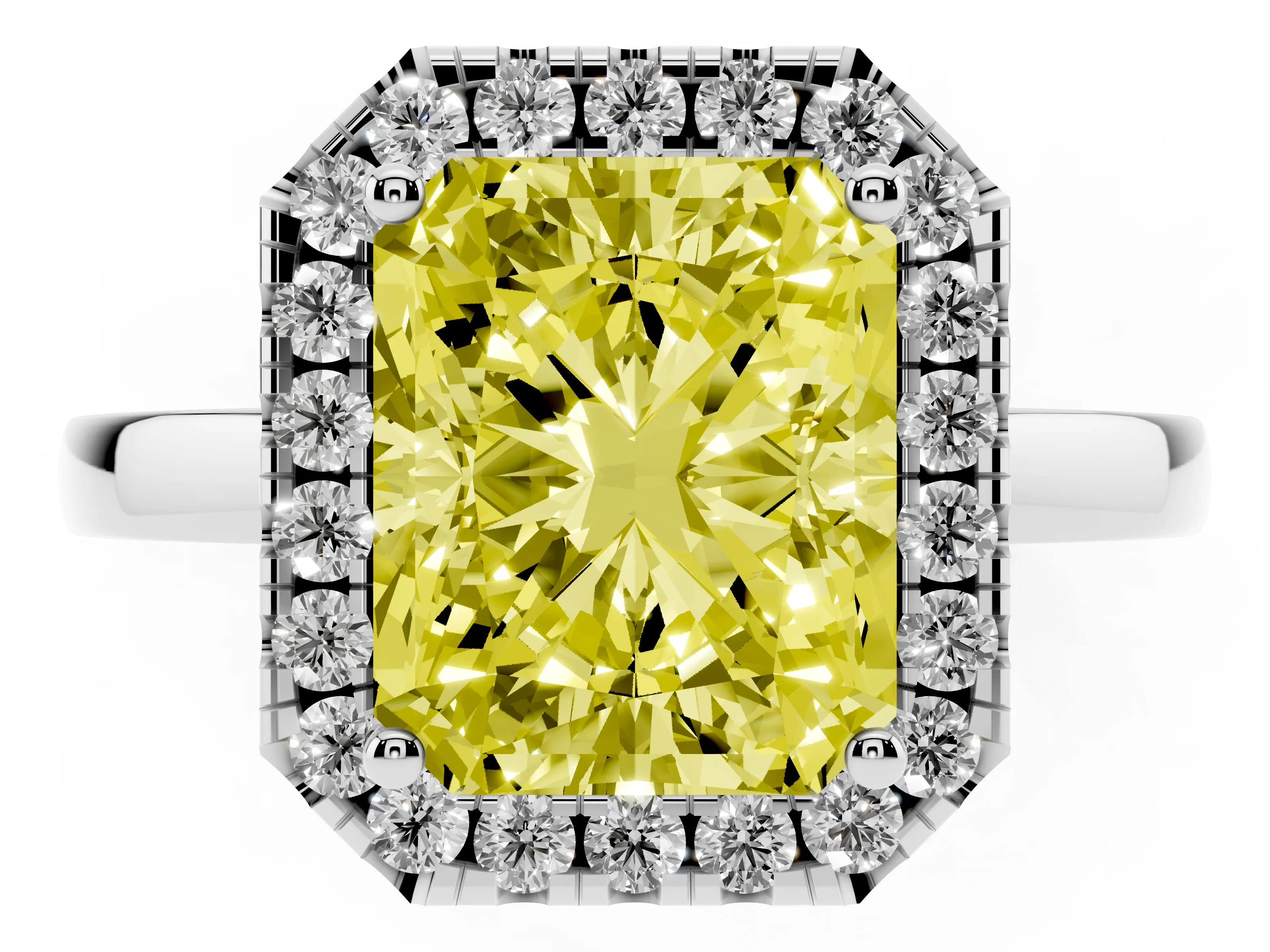Fancy Yellow Radiant Cut Diamond Halo Solitaire Ring Set in Platinum with Pavé Band and Prong Setting