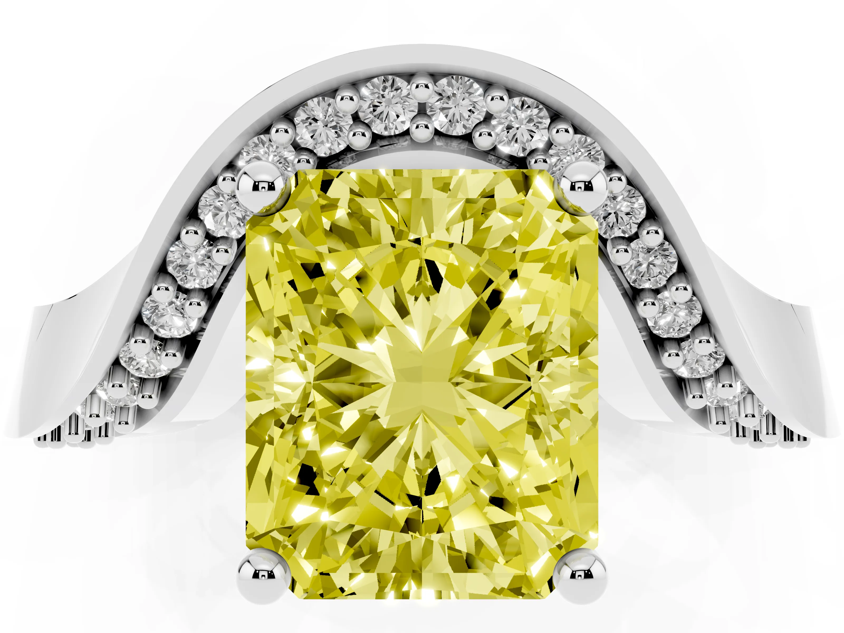 Fancy Yellow Radiant Cut Diamond Solitaire Engagement Ring Set in Platinum with Pavé Shoulders