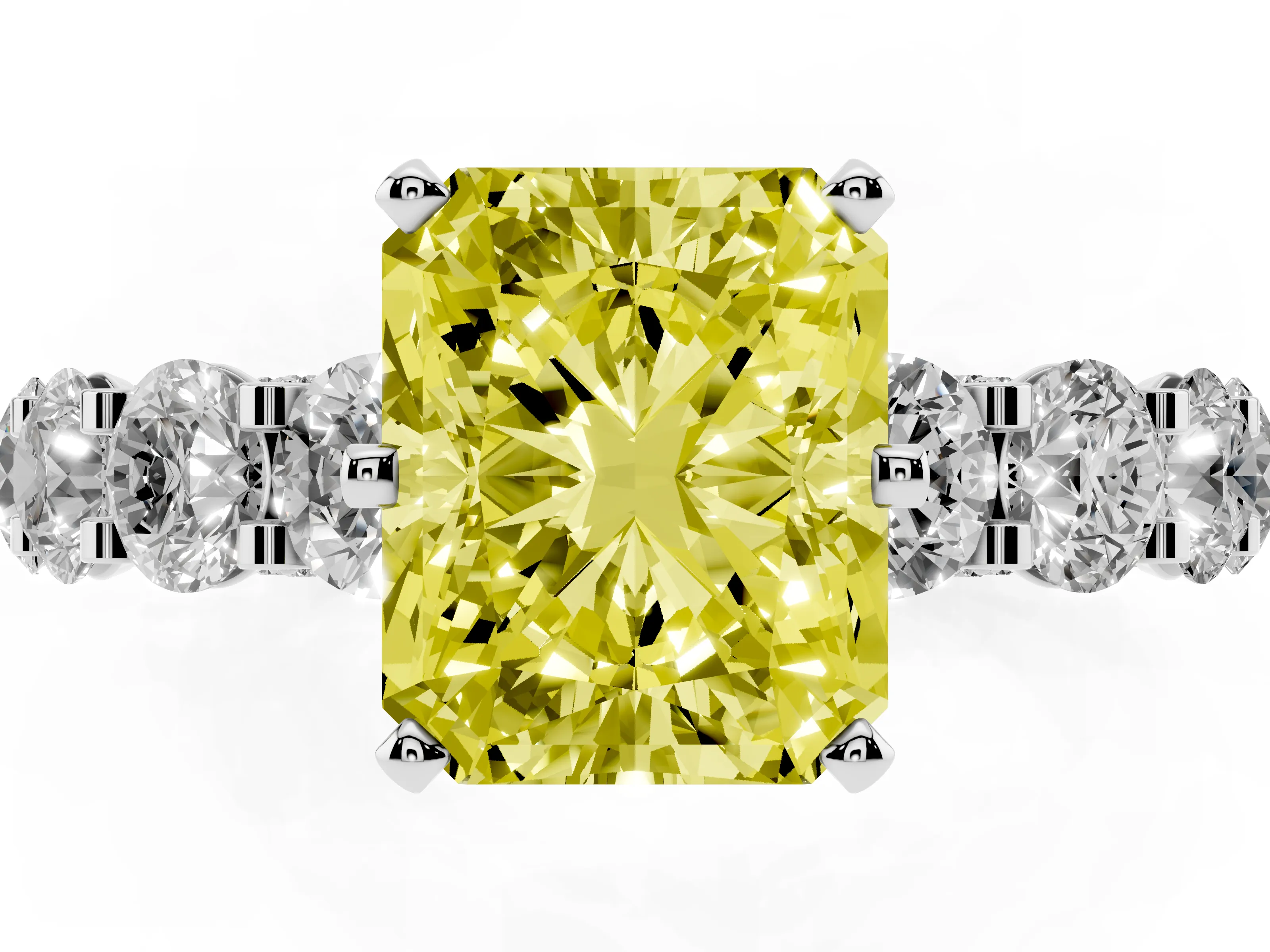 Fancy Yellow Radiant Cut Diamond Side Stone Ring Set in Platinum with Alternating Round and Oval Side Stones