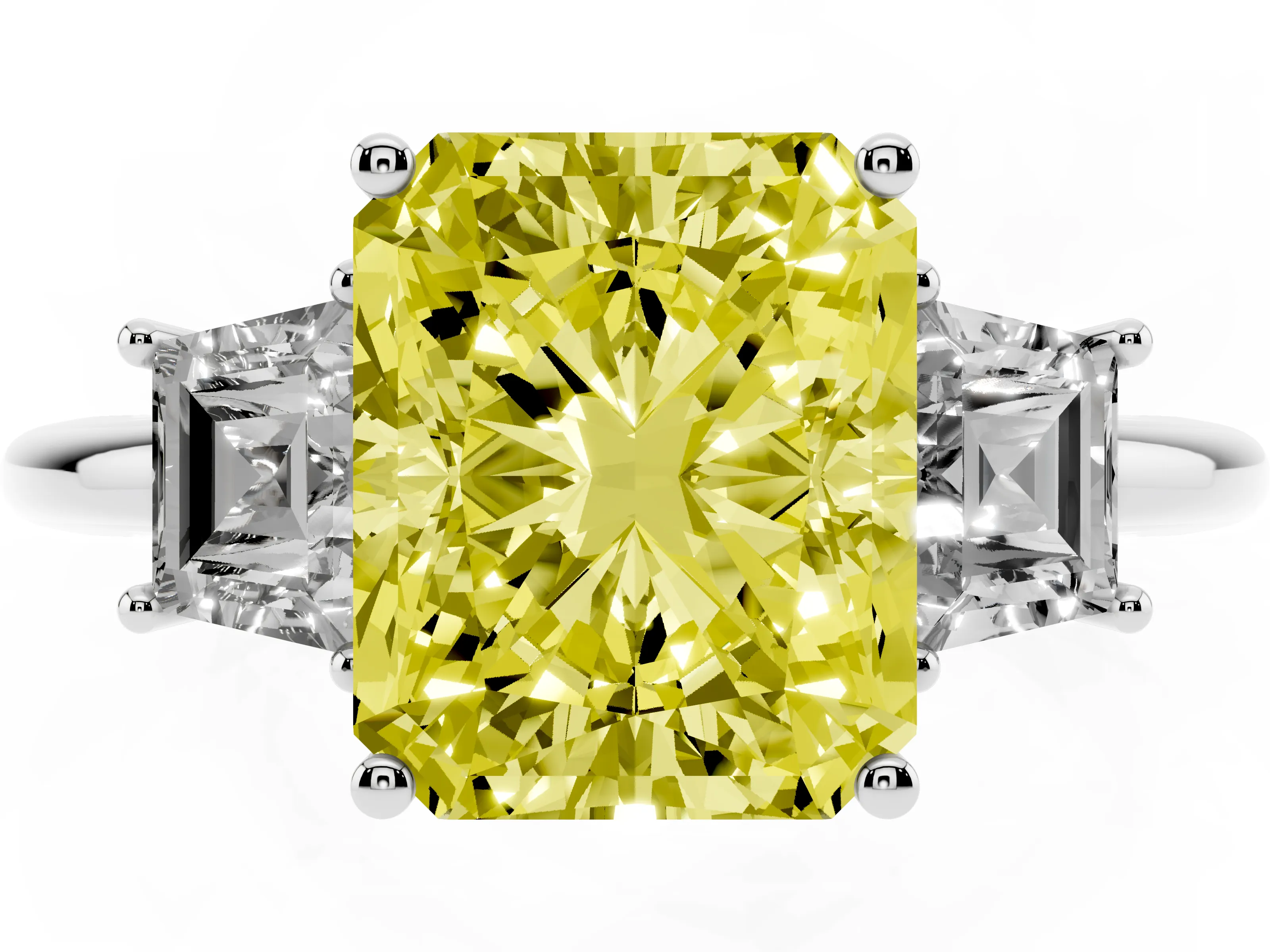 Fancy Yellow Radiant Cut Diamond Three-Stone Ring Set in Silver with Trapezoid Side Stones and Prong Setting