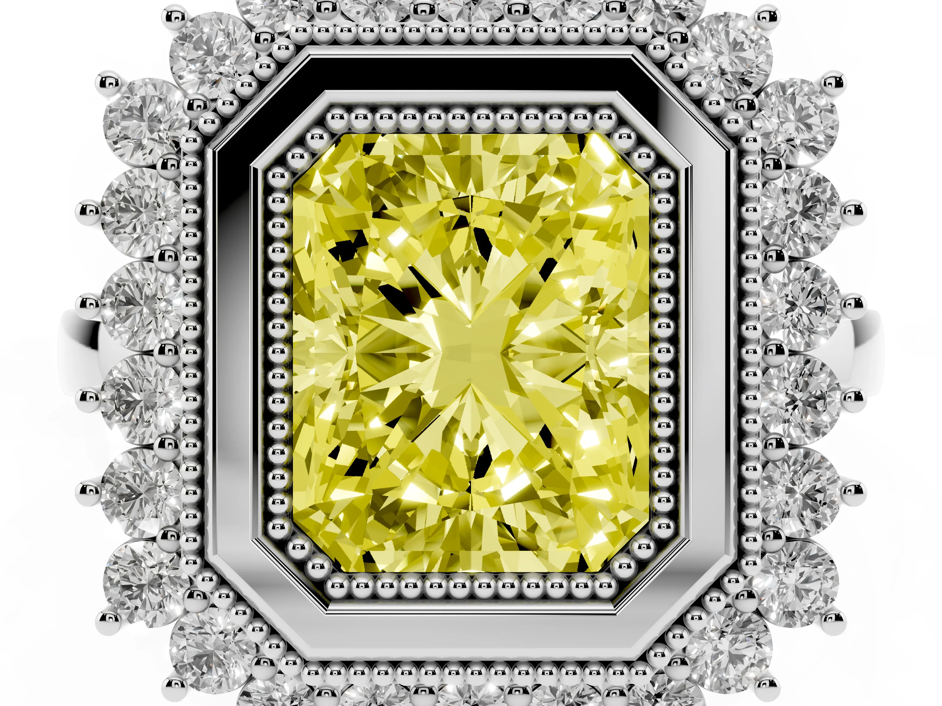 Fancy Yellow Radiant Cut Diamond Halo Ring Set in Silver with Milgrain Edge and Round Prong Setting