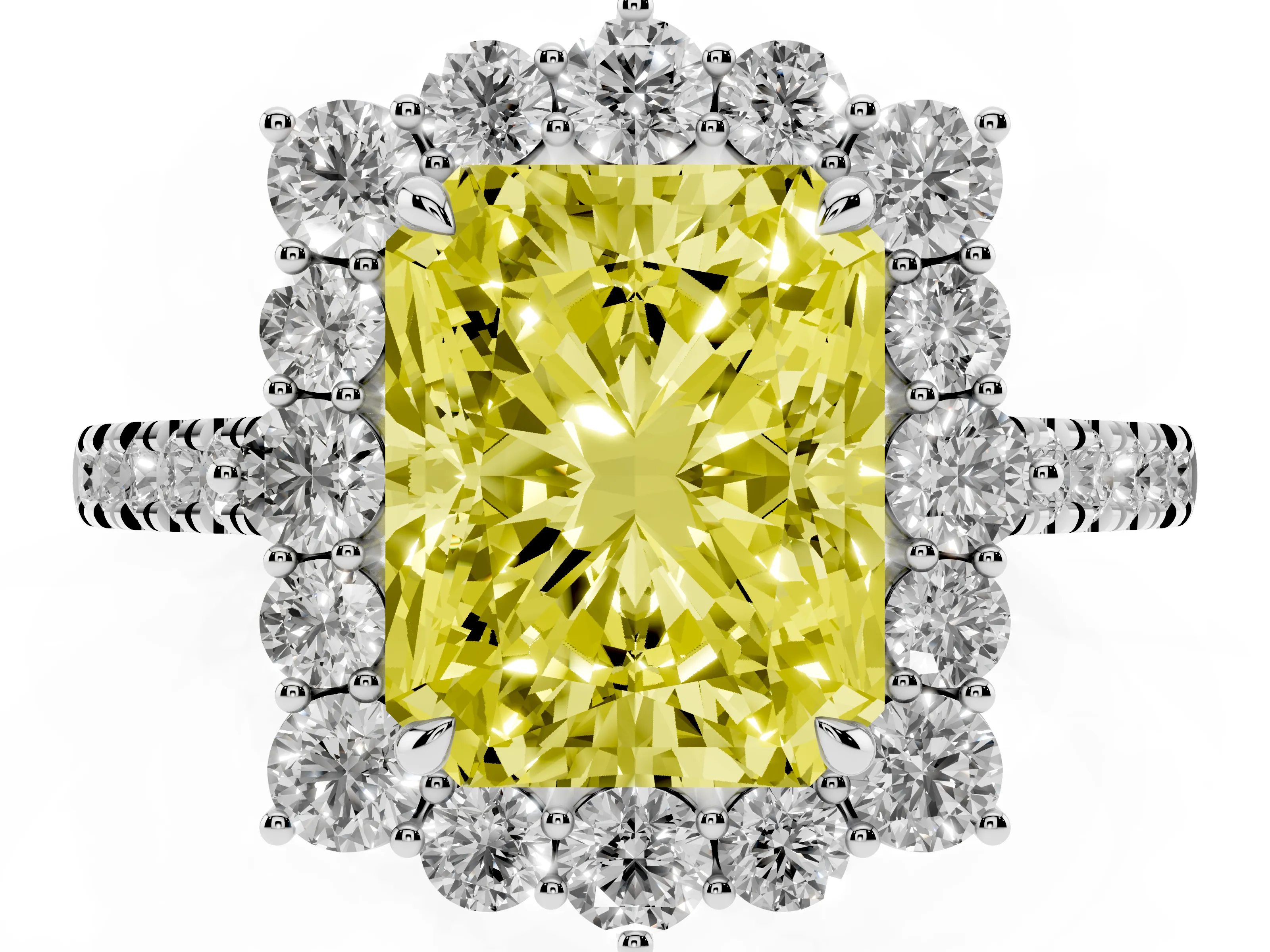 Fancy Yellow Radiant Cut Diamond Halo Ring Set in Platinum with Pavé Band and Prong Setting
