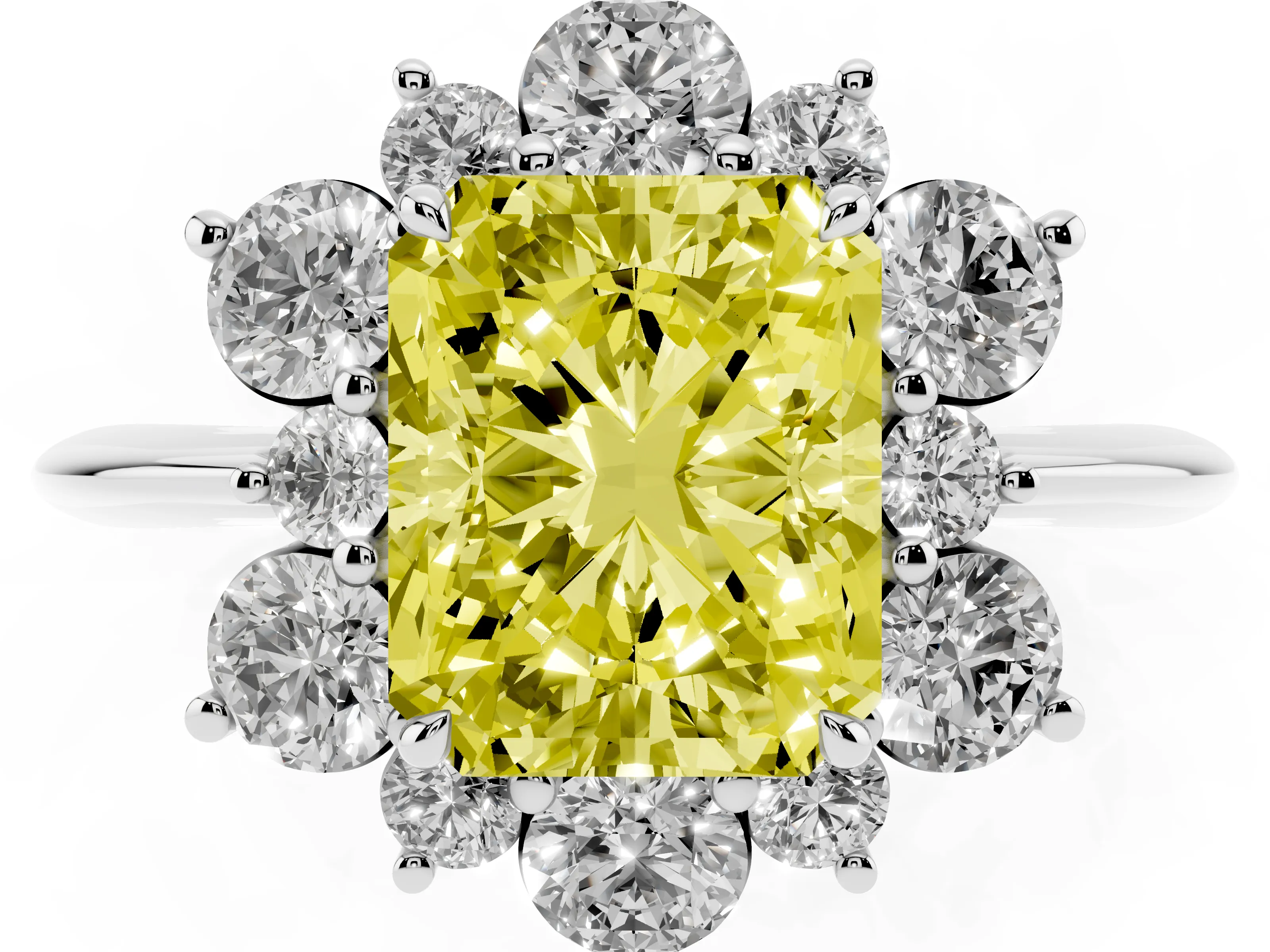 Fancy Yellow Radiant Cut Diamond Cluster Halo Ring Set in Silver with Solitaire Band and Prong Setting