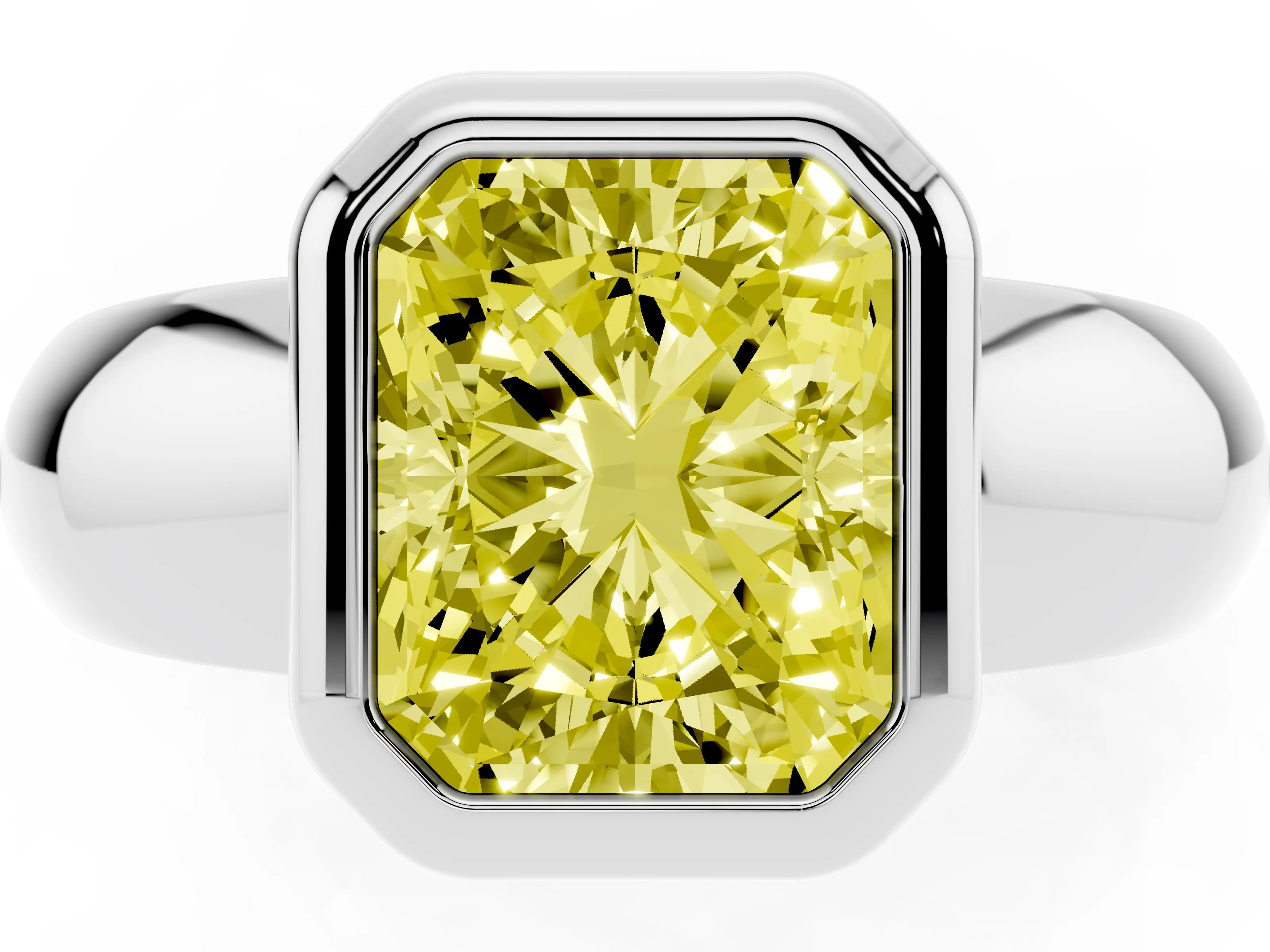 Fancy Yellow Bezel Set Radiant Cut Diamond Solitaire Ring Set in White gold with Wide Band