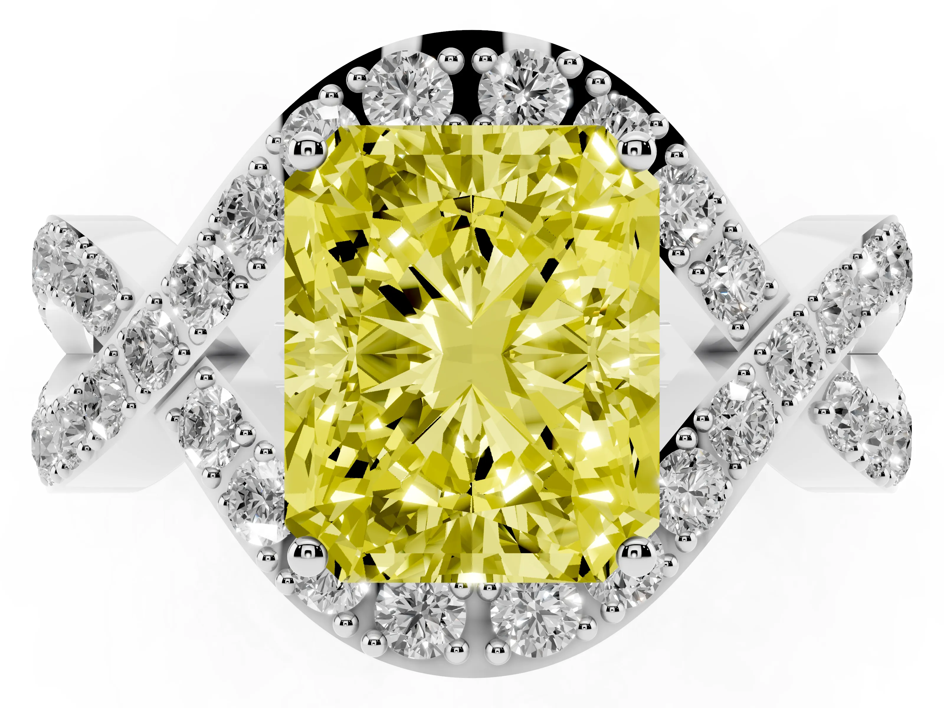 Fancy Yellow Radiant Cut Diamond Solitaire Twist Band Pavé Engagement Ring Set in Silver