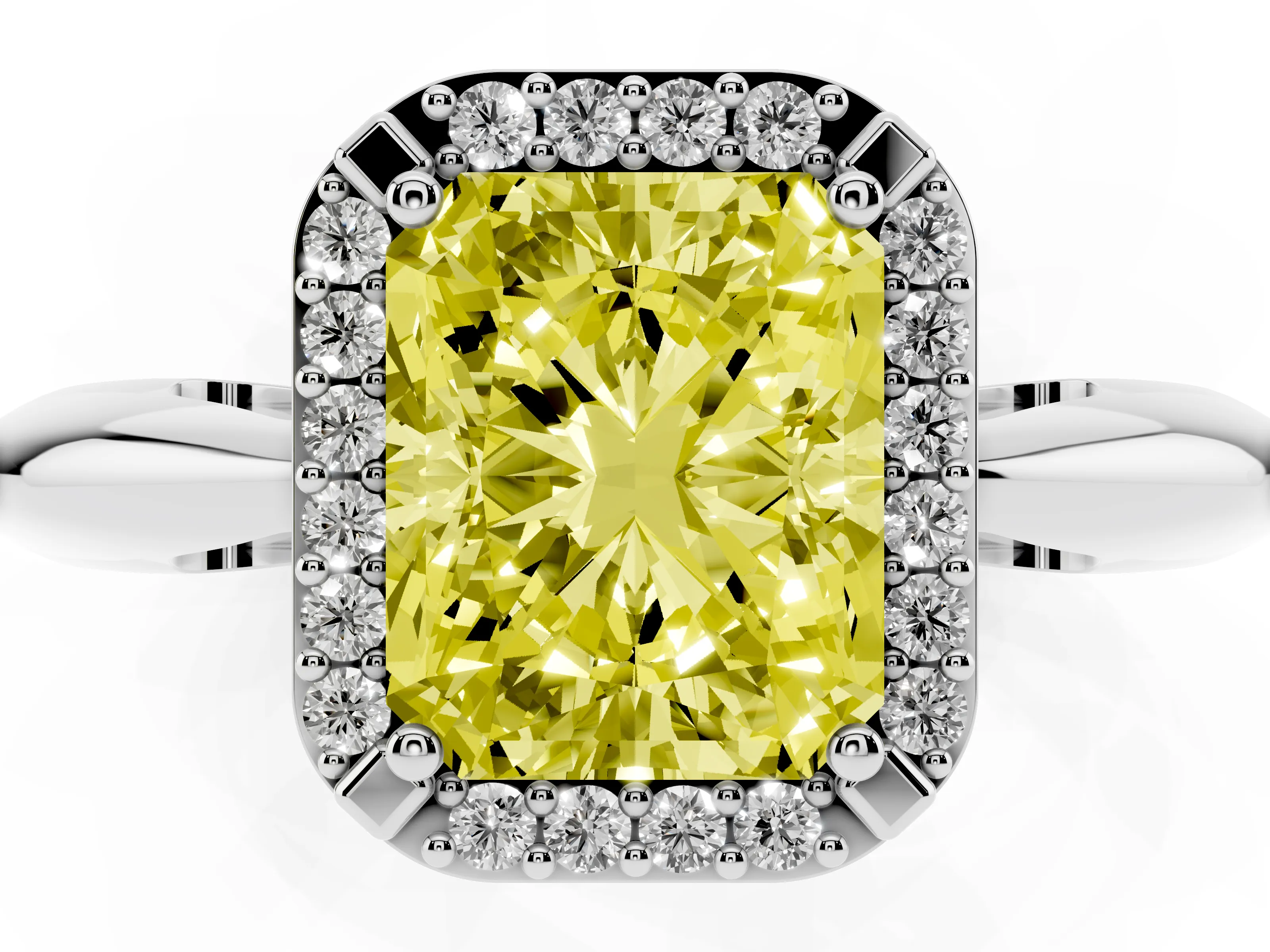 Fancy Yellow Radiant Cut Diamond Halo Engagement Ring Set in Platinum with Plain Split Shank and Prong Setting