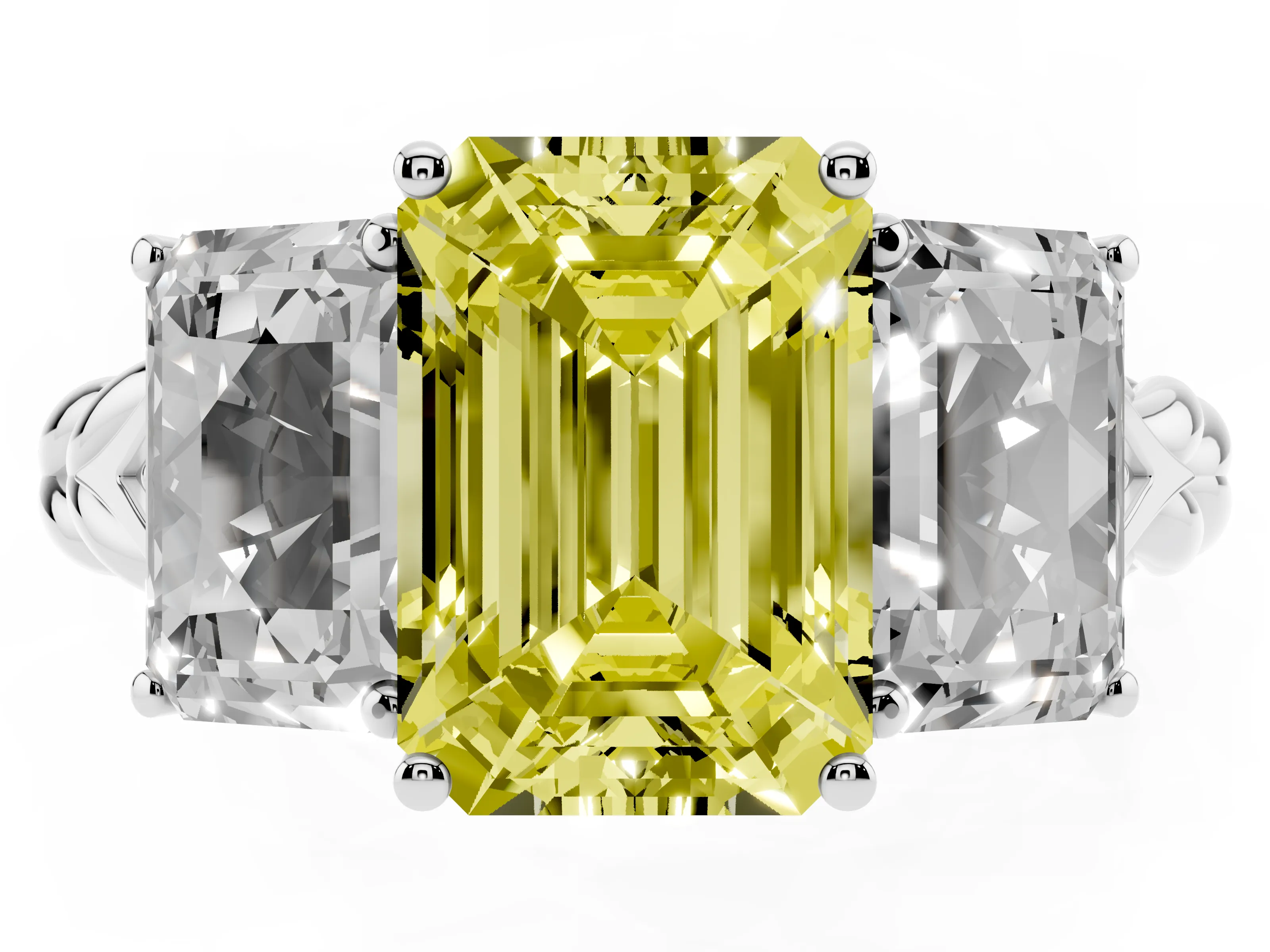 Fancy Yellow Radiant Cut Diamond Three-Stone Ring Set in Platinum with Braided Band