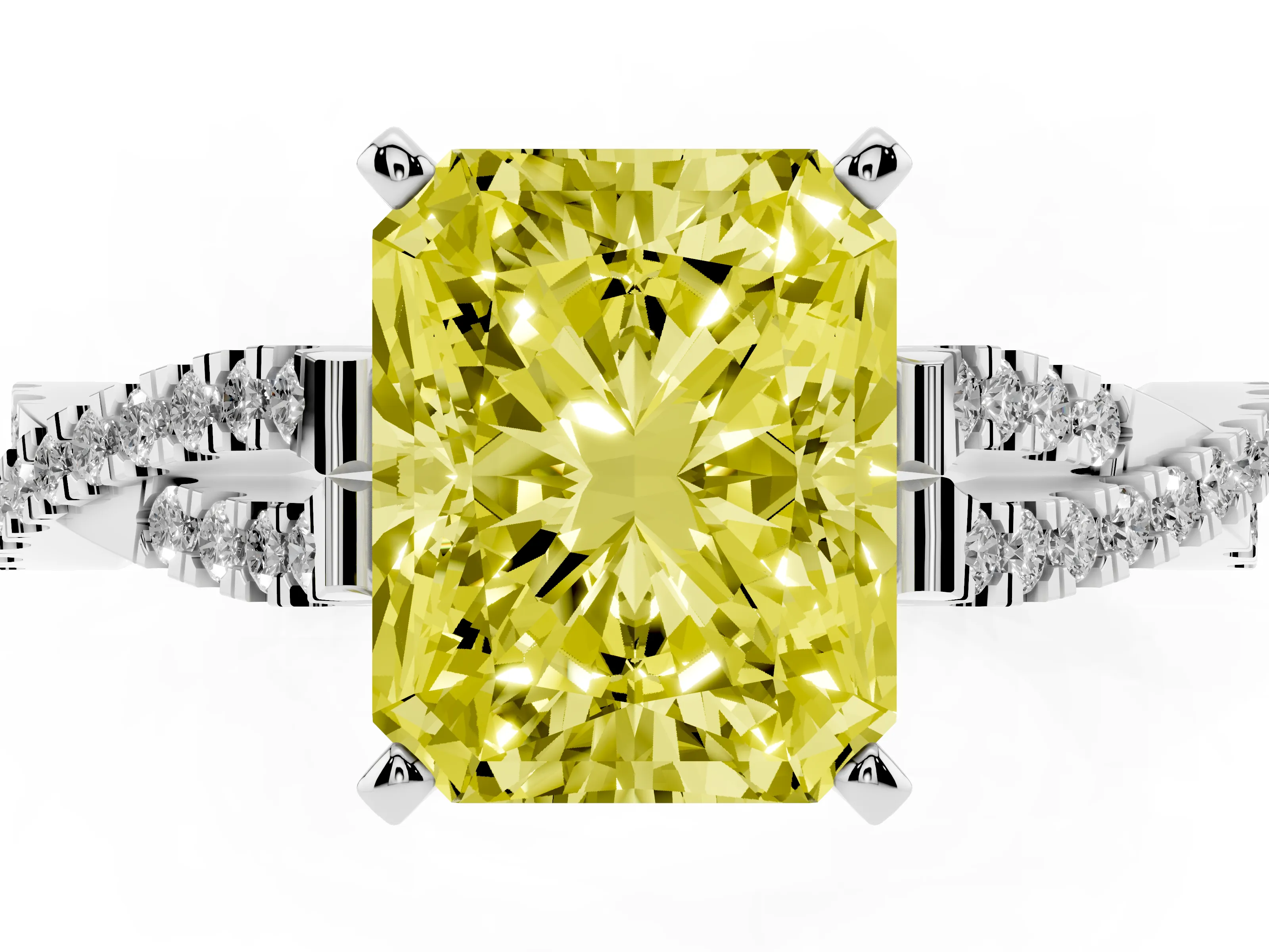 Fancy Yellow Radiant Cut Diamond Solitaire Engagement Ring Set in Platinum with Twisted Pavé Band and Prong Setting
