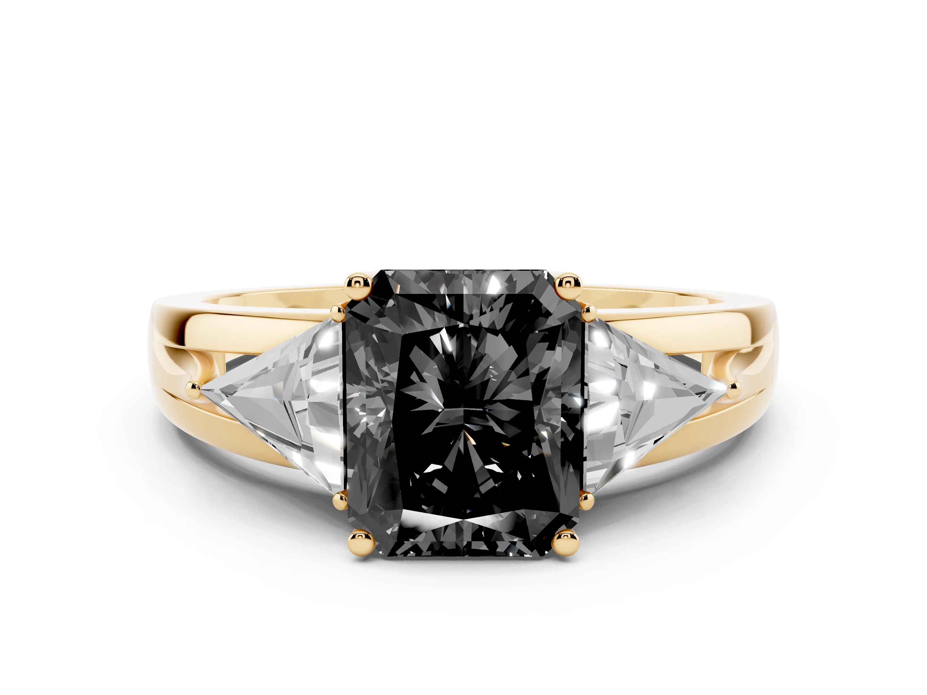 Fancy Black Radiant Cut Diamond Three-Stone Ring Set in Yellow gold with Trillion Side Stones and Split Shank