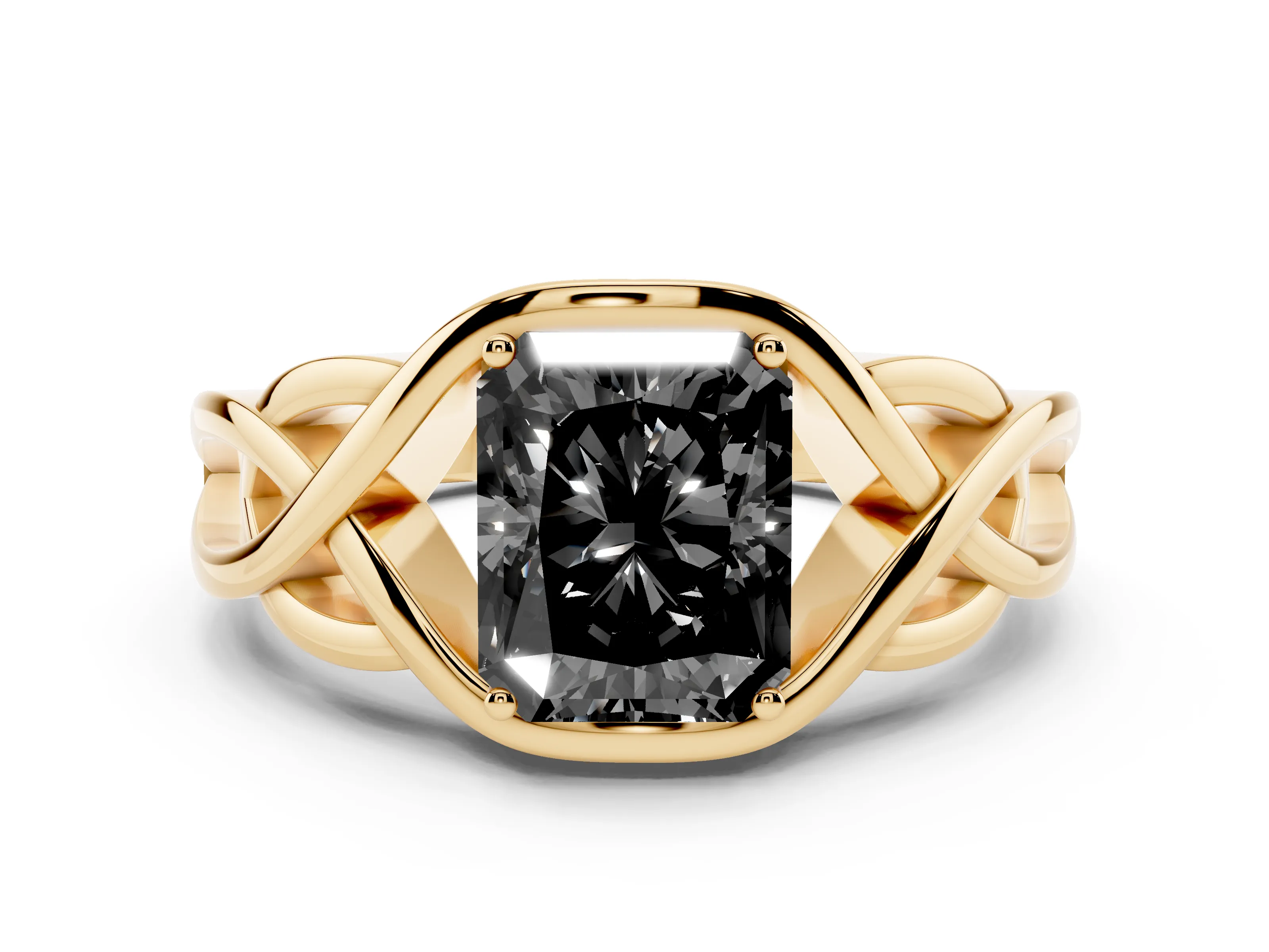 Fancy Black Radiant Cut Diamond Solitaire Ring Set in Yellow gold with Intertwined Band