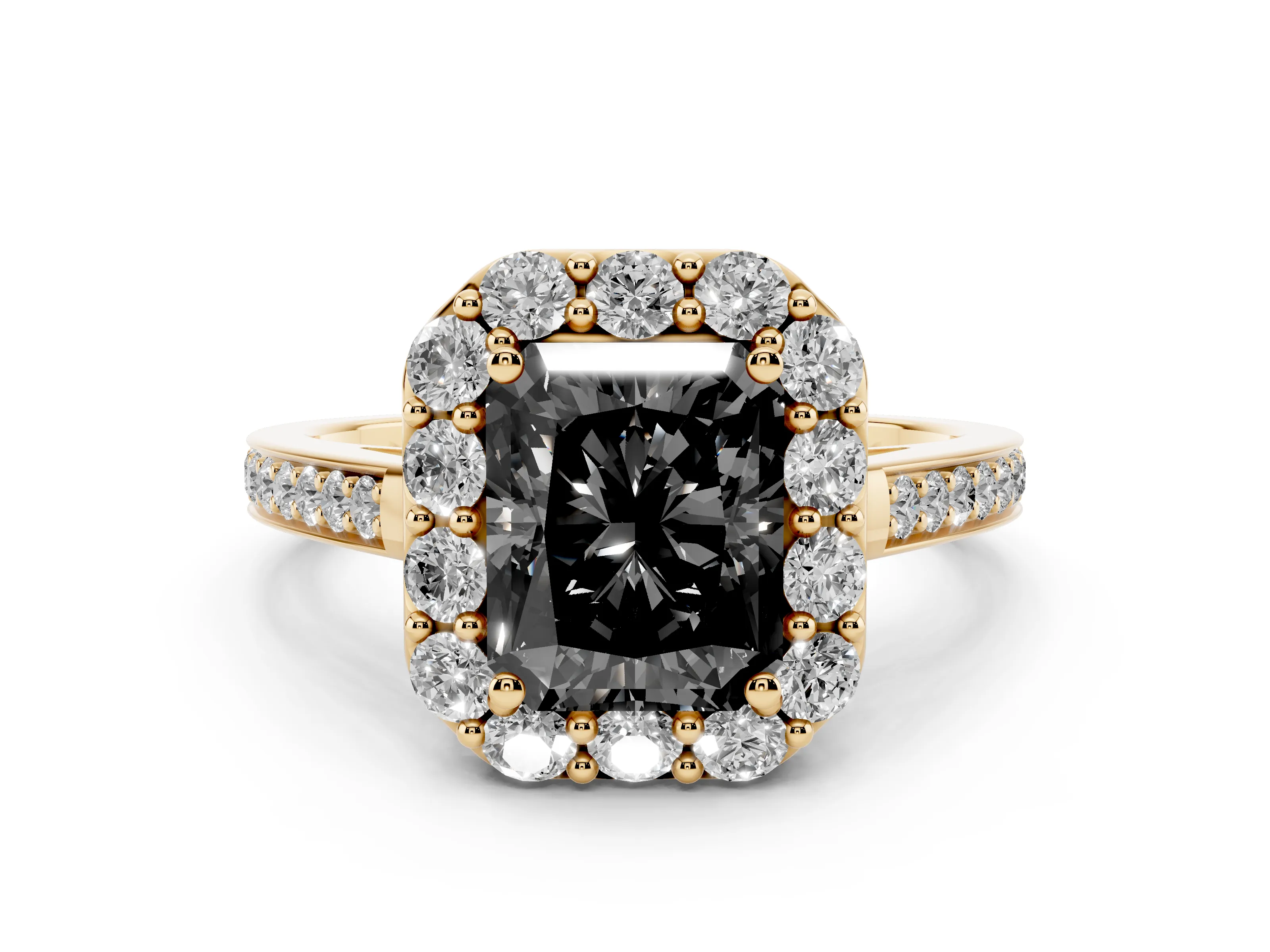 Fancy Black Radiant Cut Diamond Floral Halo Ring Set in Yellow gold with Pavé Band and Prong Setting