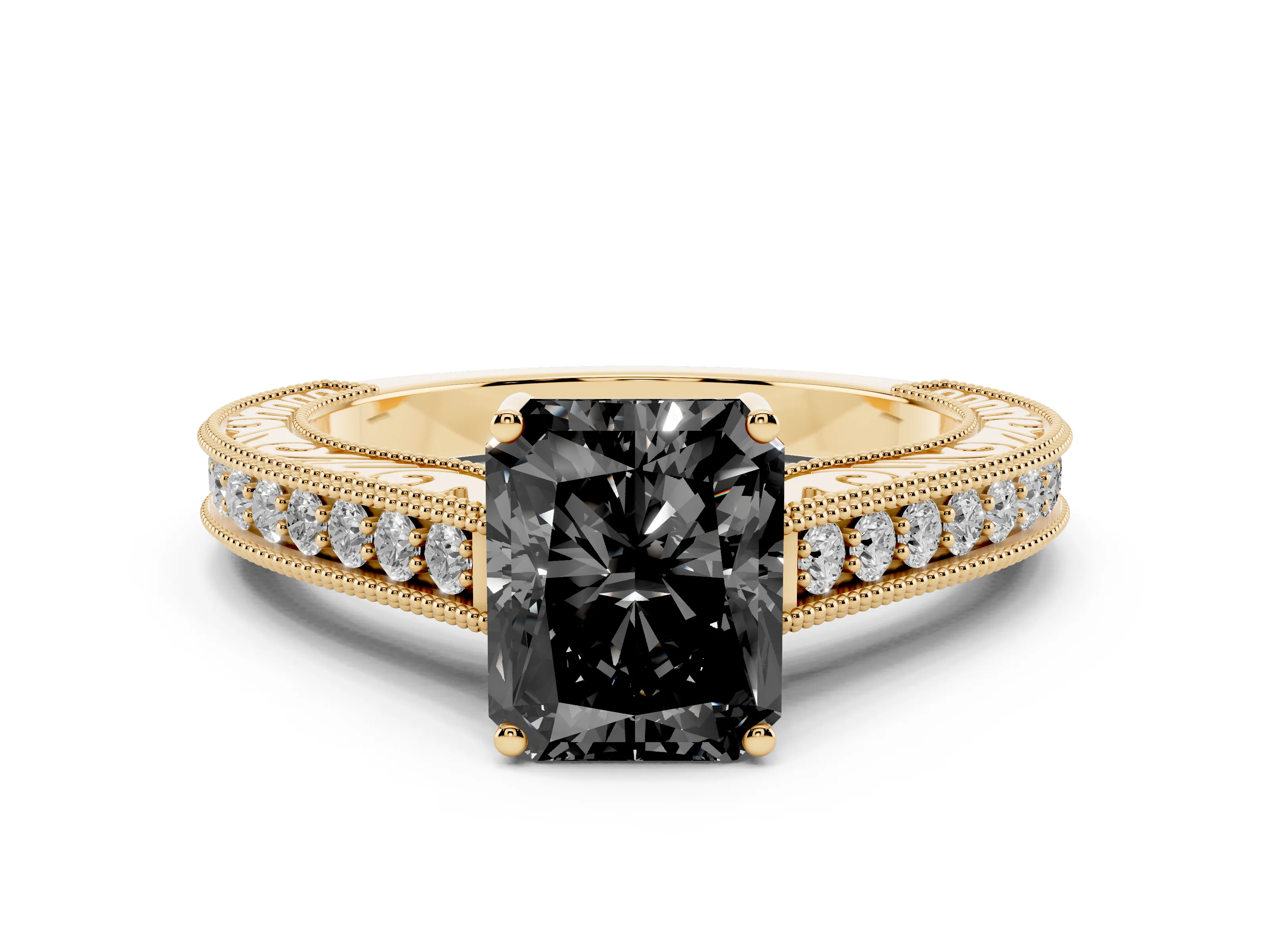 Fancy Black Radiant Cut Diamond Milgrain Pavé Band Solitaire Ring Set in Yellow gold with Prong Setting
