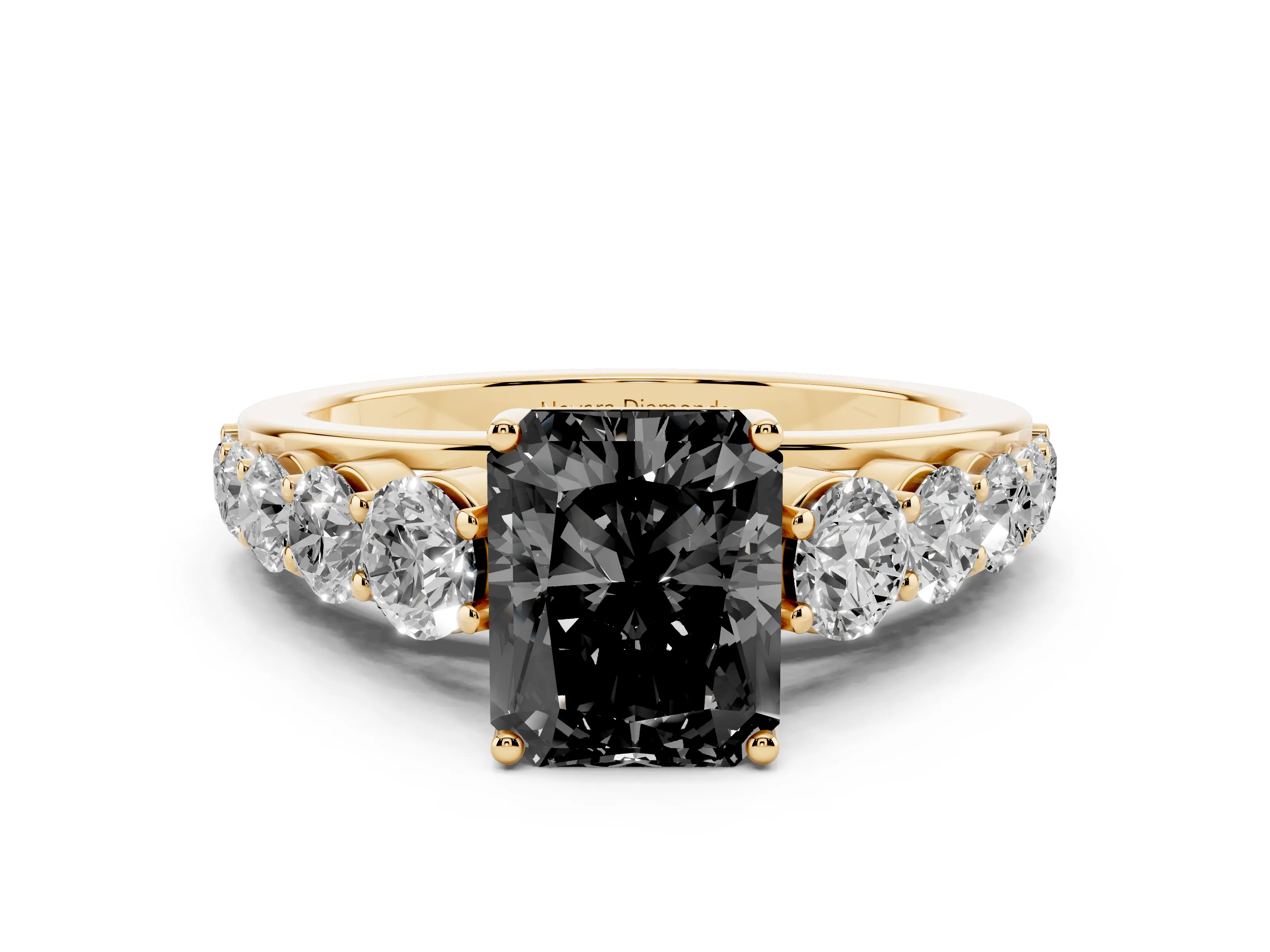 Fancy Black Radiant Cut Diamond Solitaire Ring Set in Yellow gold with Pavé-Set Band and Prong Setting