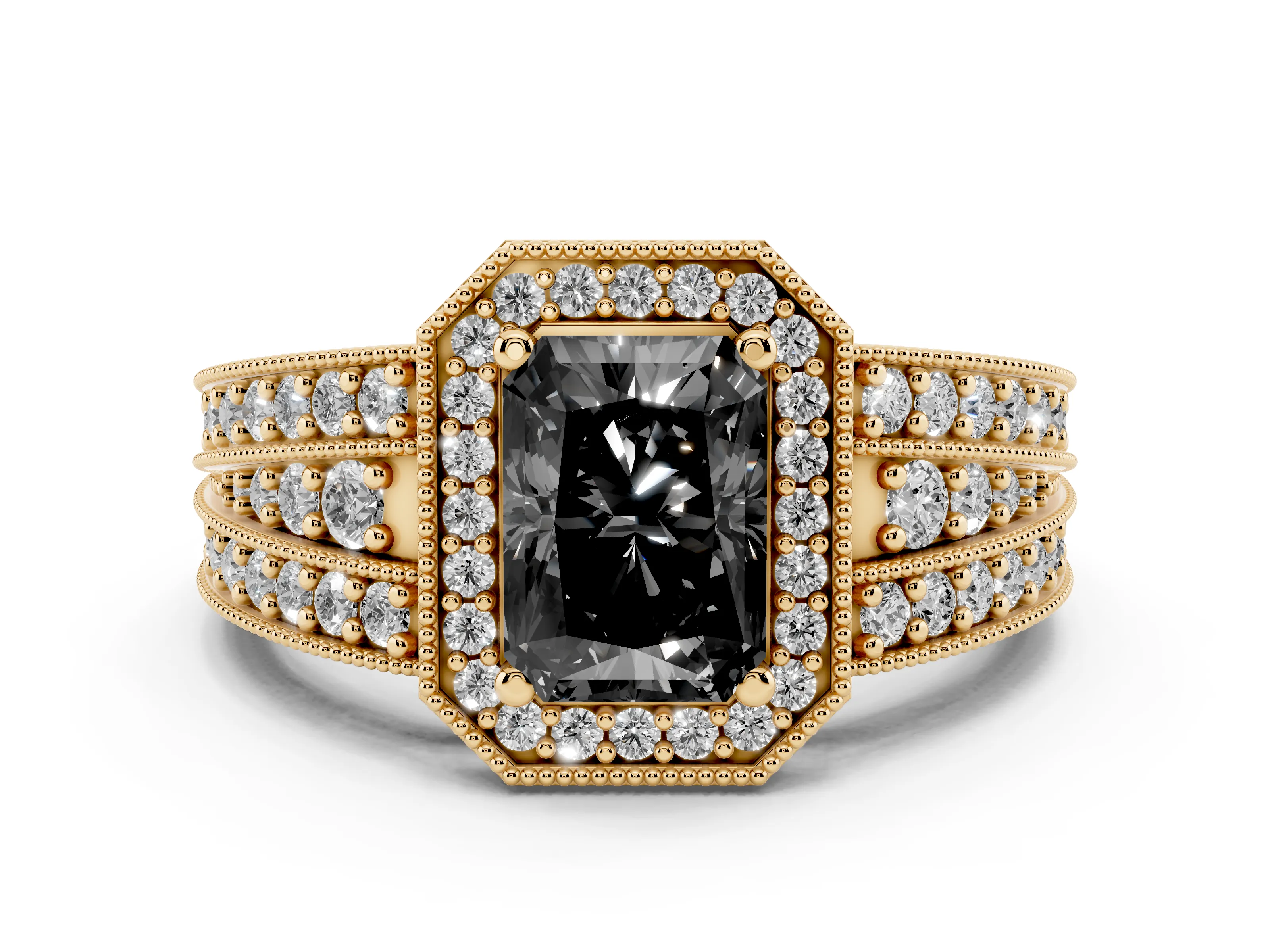Fancy Black Radiant Cut Diamond Halo Ring Set in Yellow gold with Accent Split Shank and Prong Setting
