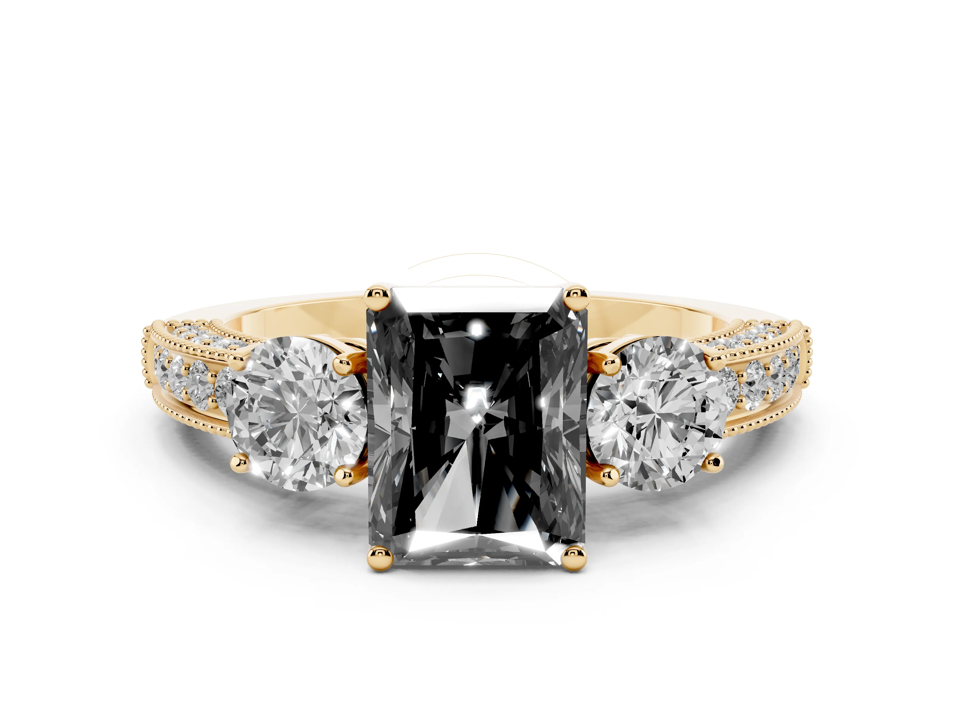 Fancy Black Radiant Cut Diamond Three-Stone Ring Set in Yellow gold with Round Side Stones and Pavé Band